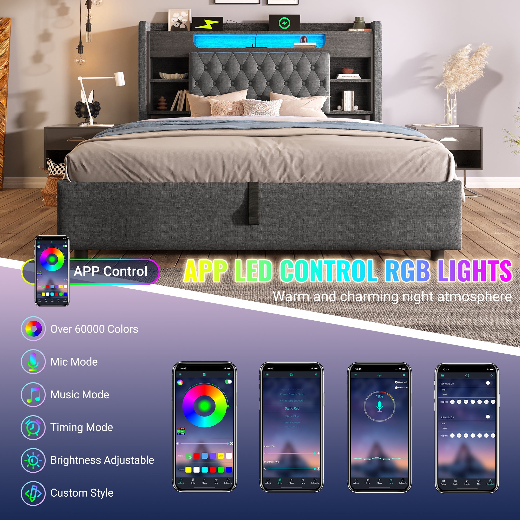 4ft6 Double Bed with Hydraulic Storage, Upholstered Bed Frame with LED Lighting & Charging Station, Storage Headboard for Cellphones & Tablets, 135 x 190 cm, Linen, Grey (No Mattress)