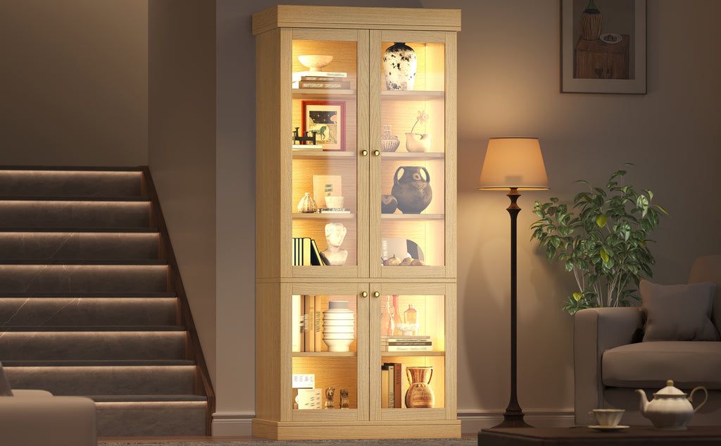 Modern freestanding cabinet with integrated LED mood lighting, glass display case, well-designed interior layout and anti-tip protection; stable, safe and versatile for the home; natural brown.