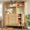 High-quality sideboard with rattan look and glass sliding doors, 174.5 cm high kitchen cabinet with storage space, natural wood/walnut look