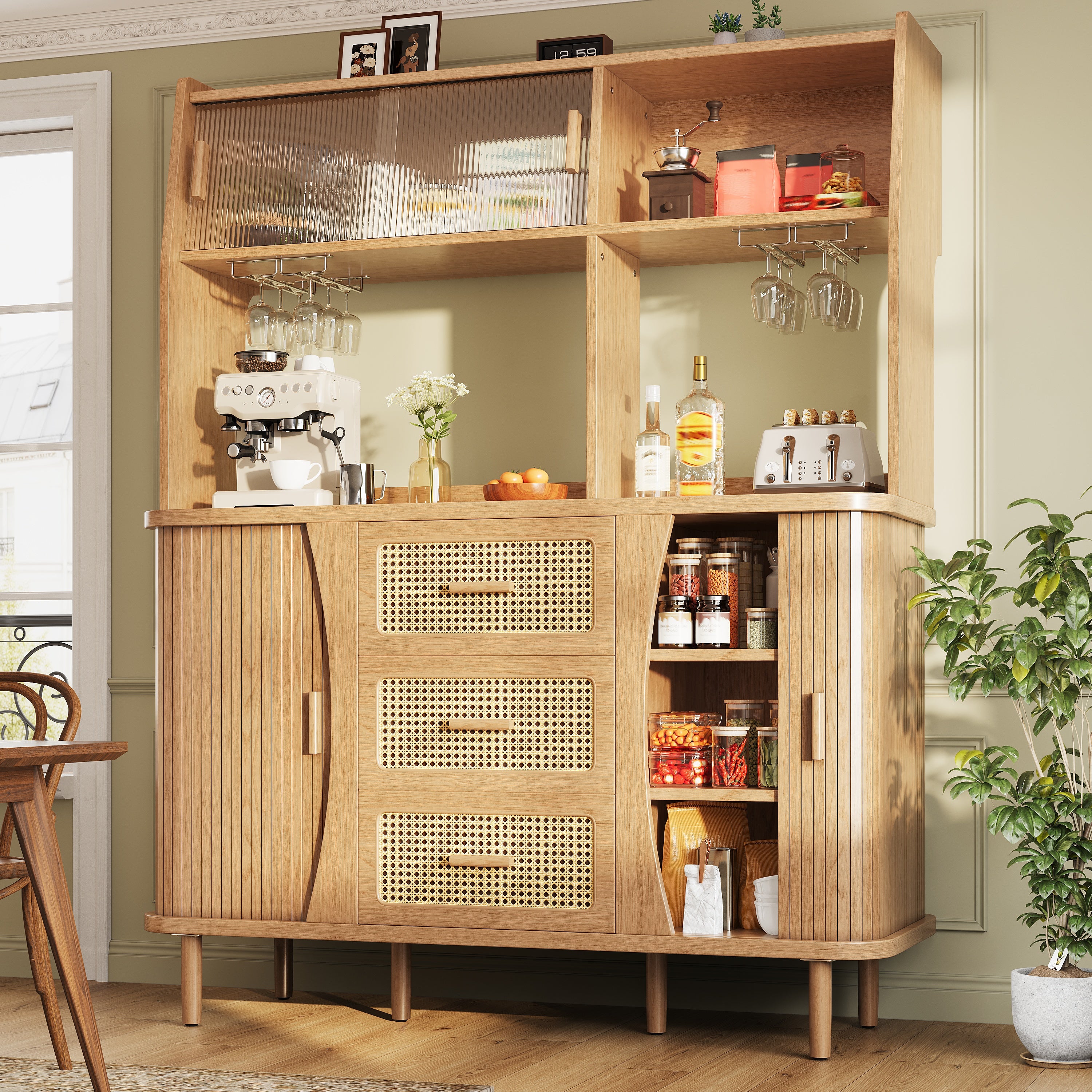 High-quality sideboard with rattan look and glass sliding doors, 174.5 cm high kitchen cabinet with storage space, natural wood/walnut look
