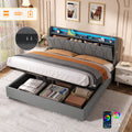 5ft King Upholstered Bed Frame with Hydraulic Storage, LED Headboard with Charging Station and Concealed Headboard Storage, USB and Type - C Ports, Linen, No Box Spring Needed, Grey (No Mattress)