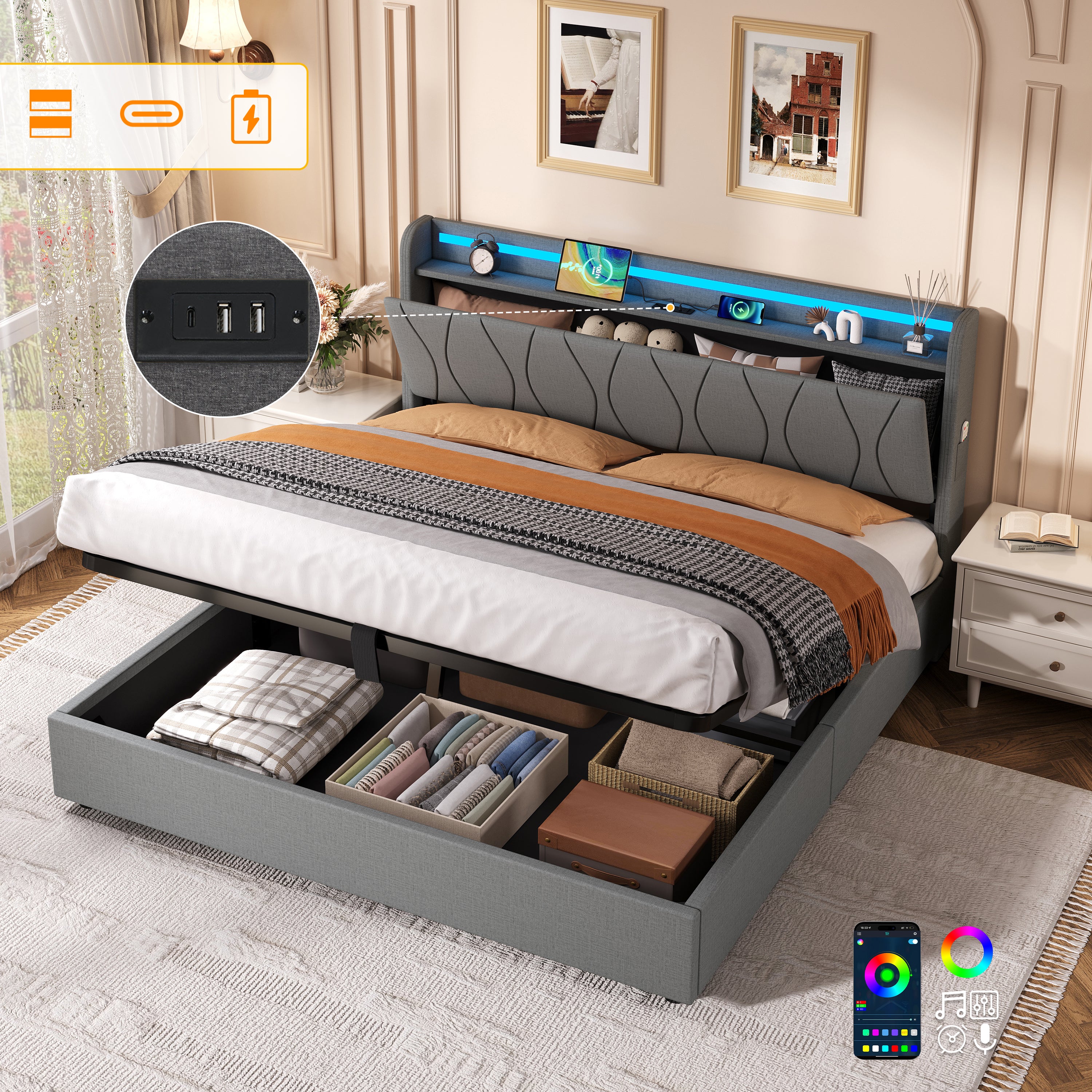 5ft King Upholstered Bed Frame with Hydraulic Storage, LED Headboard with Charging Station and Concealed Headboard Storage, USB and Type - C Ports, Linen, No Box Spring Needed, Grey (No Mattress)