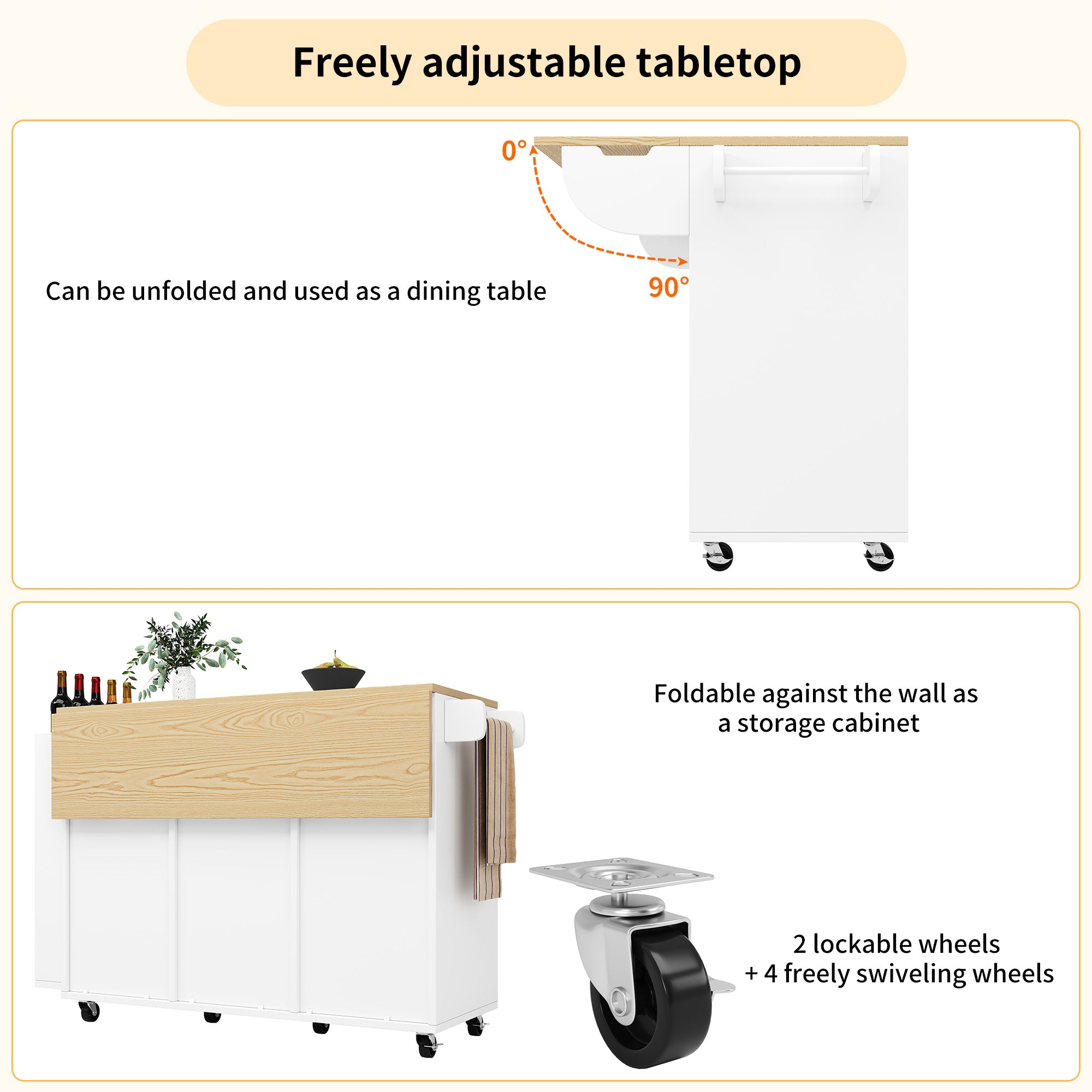 Kitchen cabinet, serving trolley with wood grain finish, kitchen trolley with castors and worktop, with spice rack and towel rail, kitchen island with sliding doors and drawers, white
