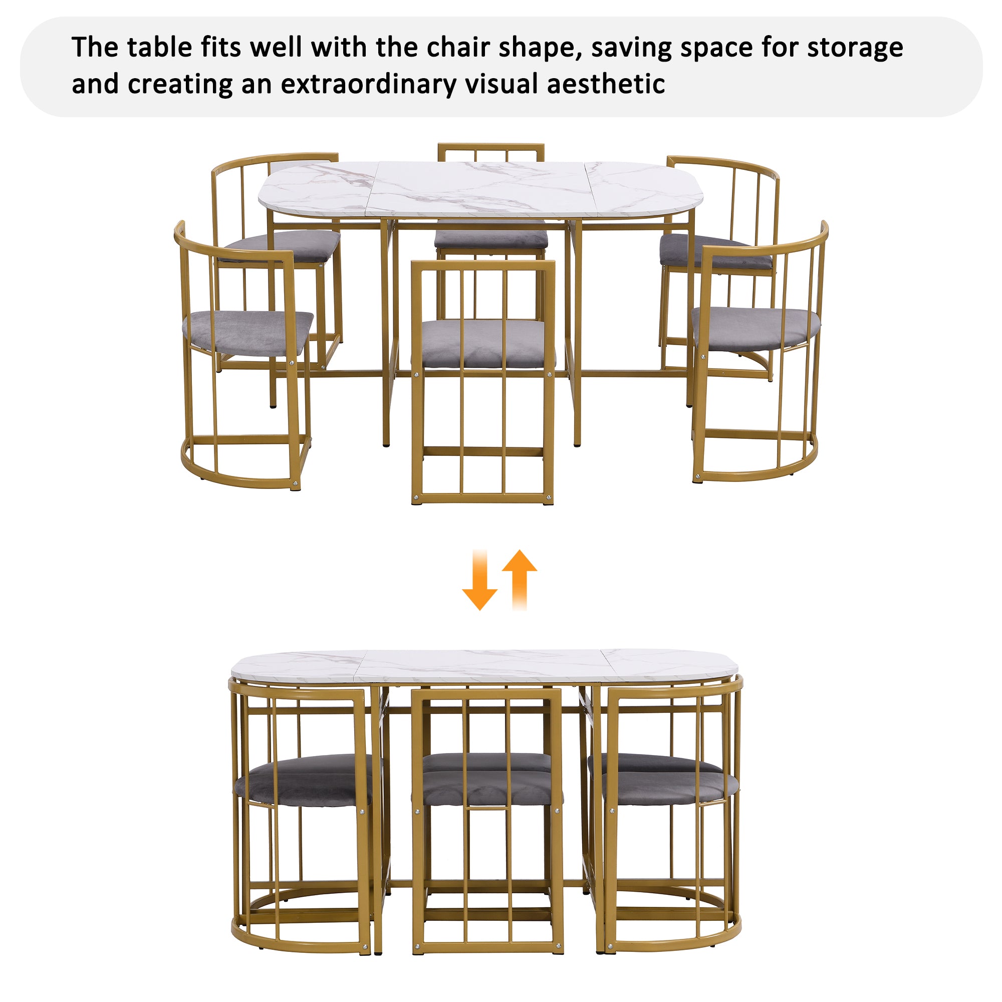 Six-Chair Dining Table Set:(White Table, Chairs with Backrests and Gray Upholstery, Gold Iron Frame),Dining Room Table and Chair Set,Modern Dining Table Combination