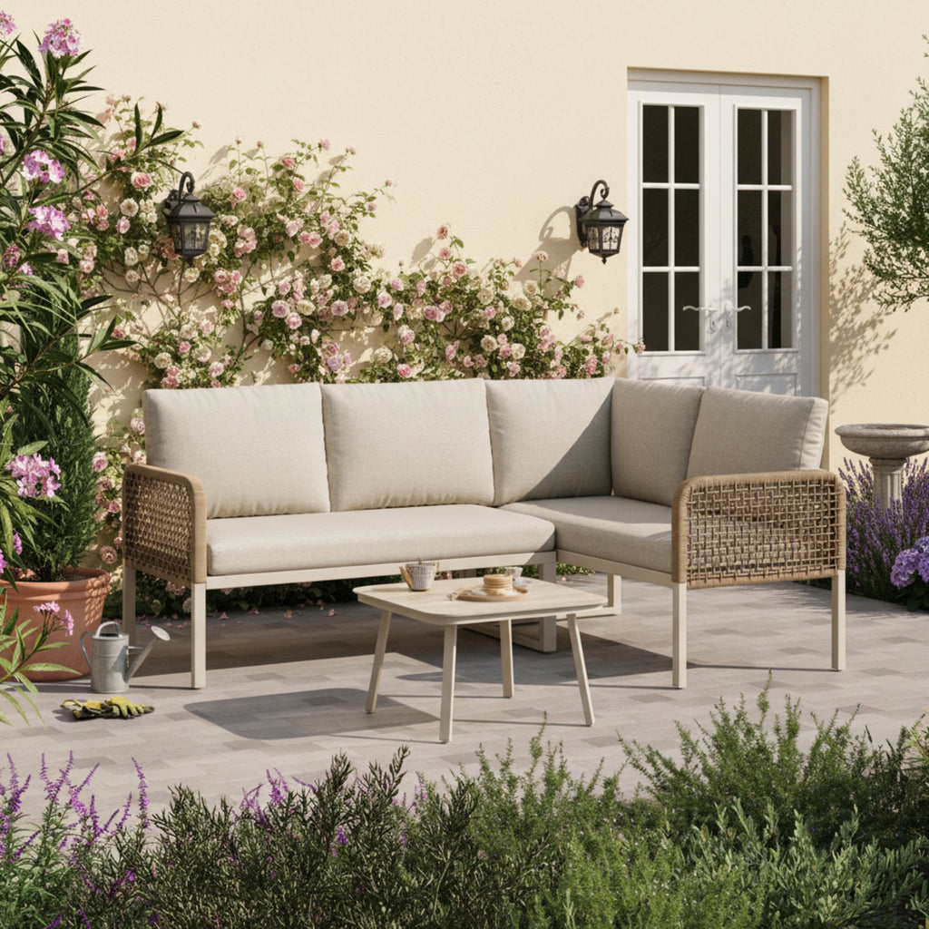 Garden Set with Wood-look Tempered Glass Table, Convertible 4 Seater Polyester Rope Conversation Set with Sofa and Armchairs, Weatherproof Outdoor Patio Corner Sofa for Balcony and Terrace,Beige