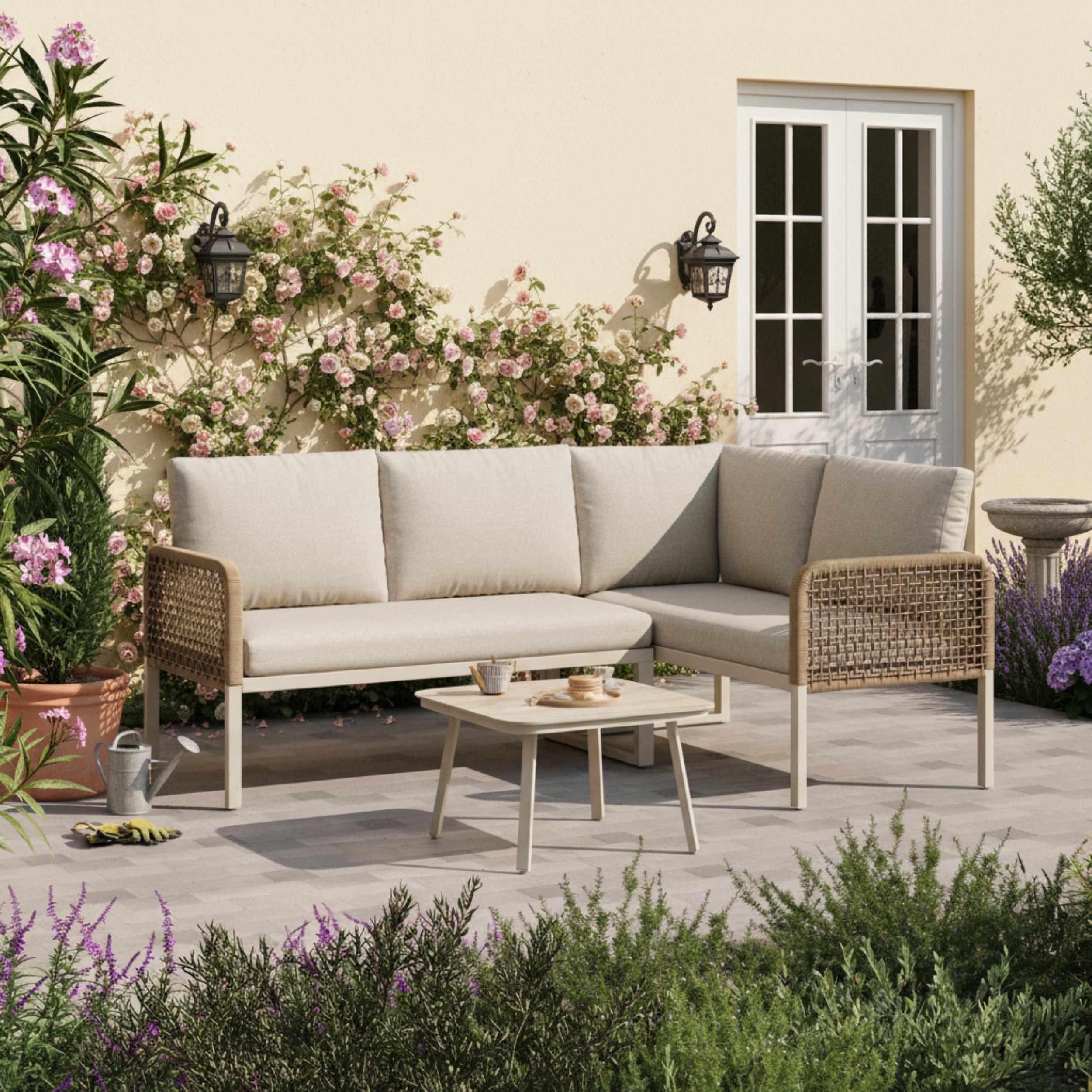 Garden Set with Wood-look Tempered Glass Table, Convertible 4 Seater Polyester Rope Conversation Set with Sofa and Armchairs, Weatherproof Outdoor Patio Corner Sofa for Balcony and Terrace,Beige