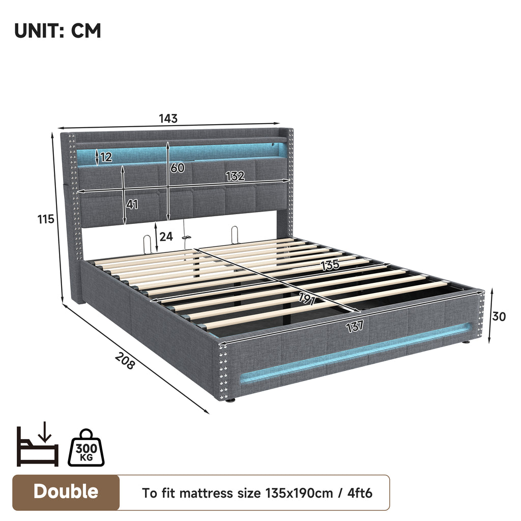 4ft6 Double Upholstered Bed with Hydraulic Storage, LED Rivet  Storage Bed with Charging Station, Button Tufted Headboard with USB and Type - C Ports, No Box Spring Needed, Linen,  Grey (No Mattress)