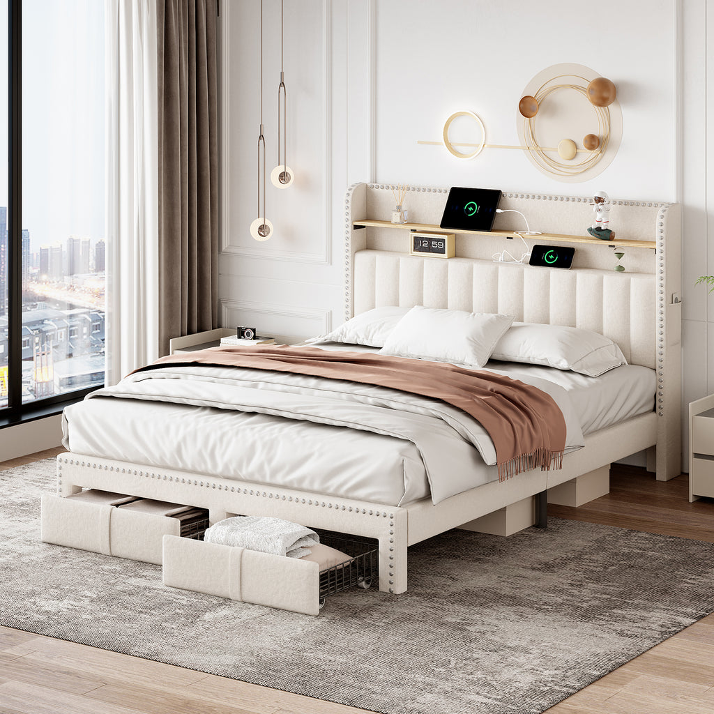 4ft6 Double Upholstered Bed with 2 Storage Drawers, Riveted Storage Bed with Charging and Lighting, Linen Platform Bed Frame No Box Spring Needed, Easy Assembly, Beige (No Mattress)