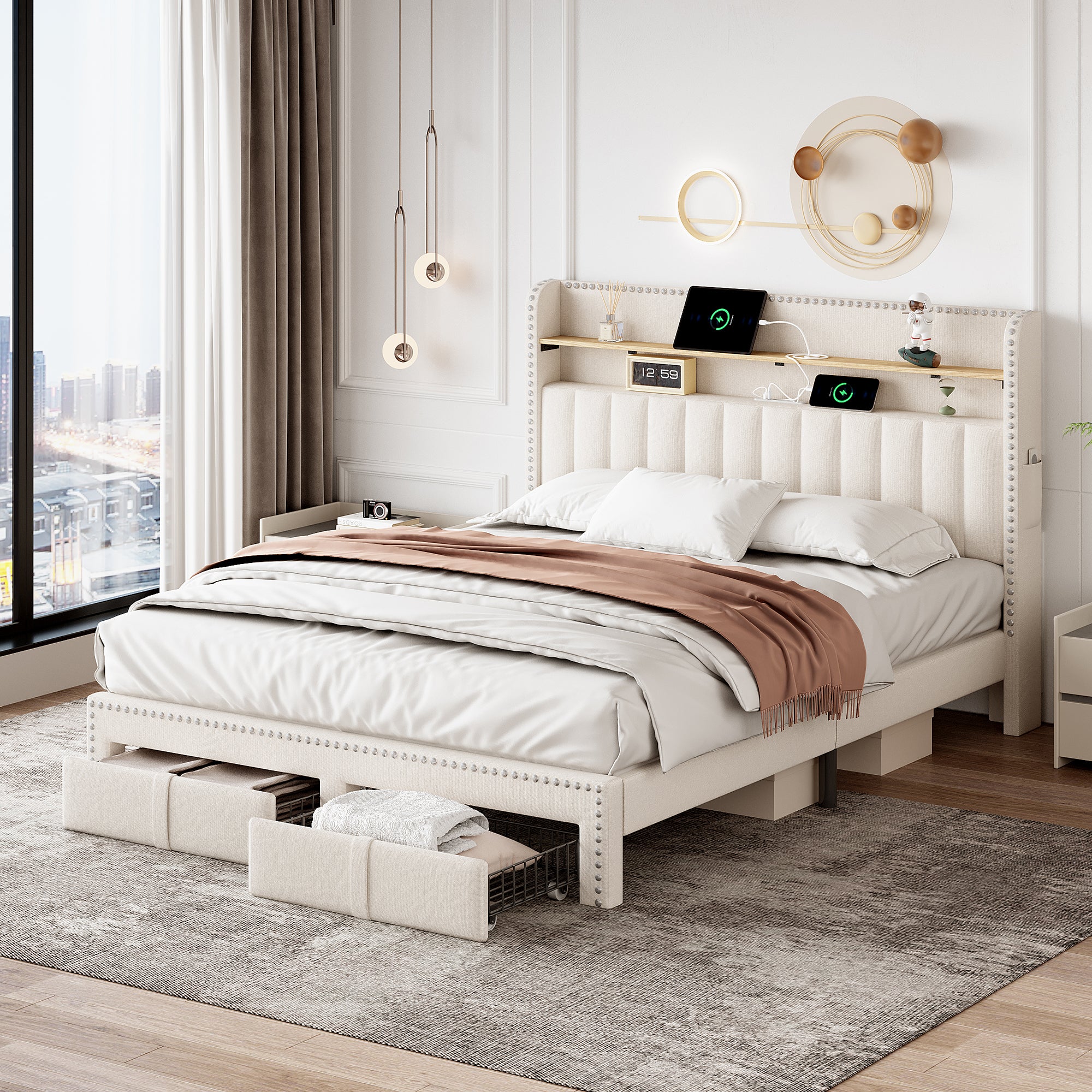 4ft6 Double Upholstered Bed with 2 Storage Drawers, Riveted Storage Bed with Charging and Lighting, Linen Platform Bed Frame No Box Spring Needed, Easy Assembly, Beige (No Mattress)
