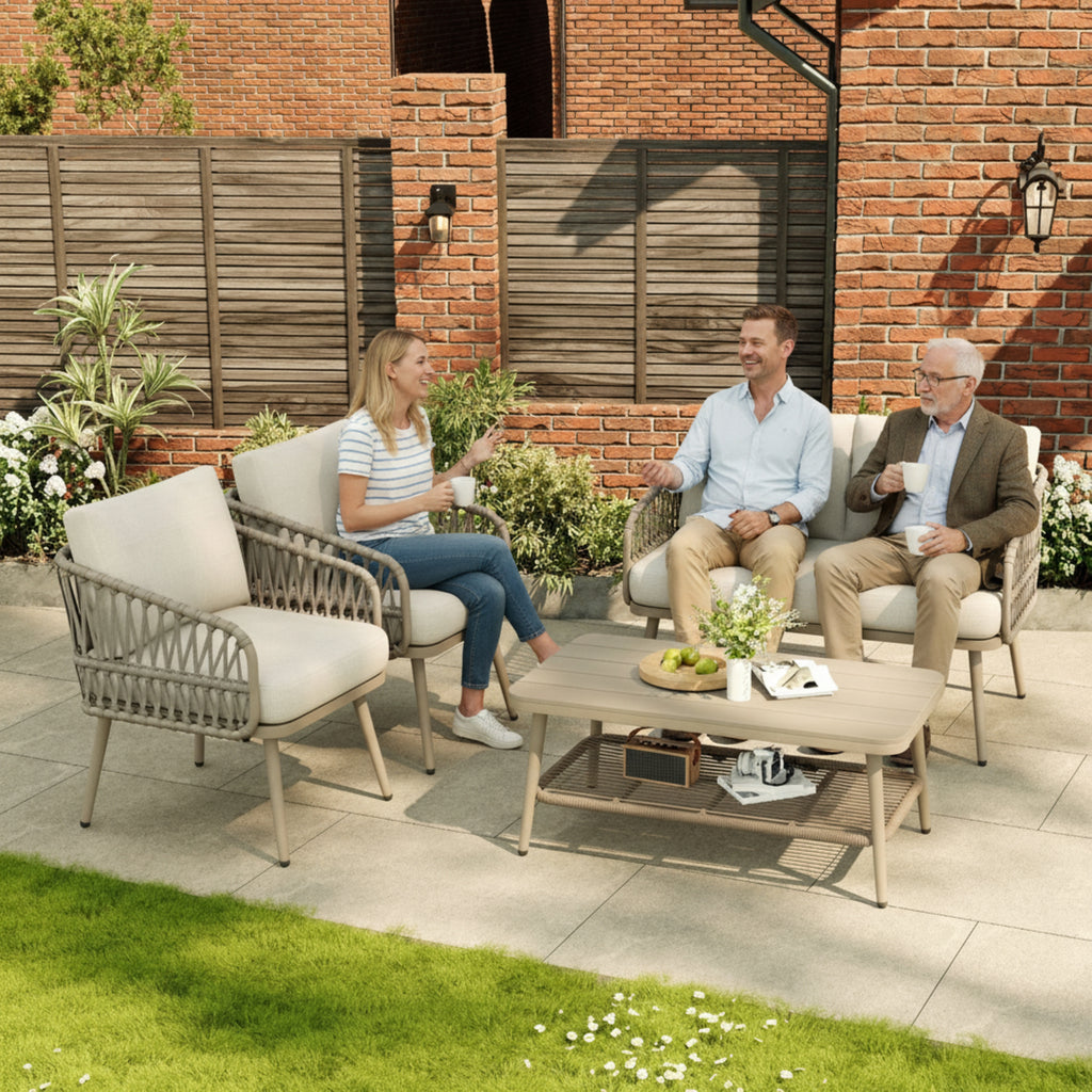 4 Seater Garden Set with Plastic Wood Storage Coffee Table, Polyester Rope Outdoor Set with Sofa and Armchairs, Weatherproof Outdoor Patio Sofa for Balcony and Terrace, Linen, Beige