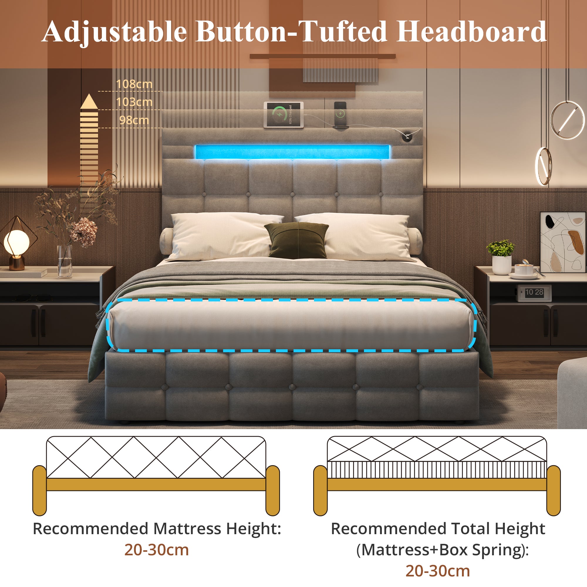 4ft6 Double Upholstered Bed Frame with Hydraulic Storage, Velvet Ottoman Bed with LED Lighting and Charging Station,  Double Bed with Adjustable Button Tufted Headboard, Grey (No Mattress)