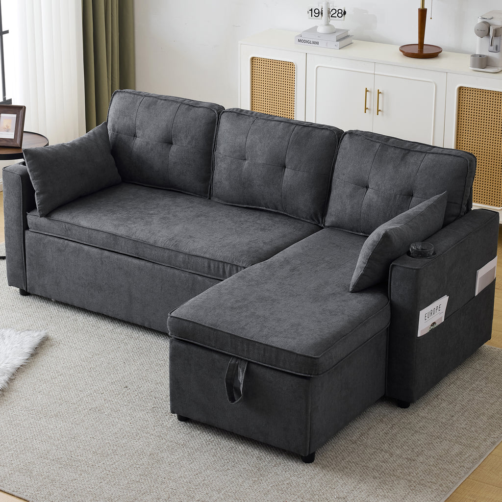3-in-1 Convertible Sofa Bed with Internal Storage Chaise, L Shaped Sleeper Sofa Couches with Cup Holders, Pillows and Storage Pocket. Pullout Sectional Daybed for Living Room/Bedroom/Office, Grey