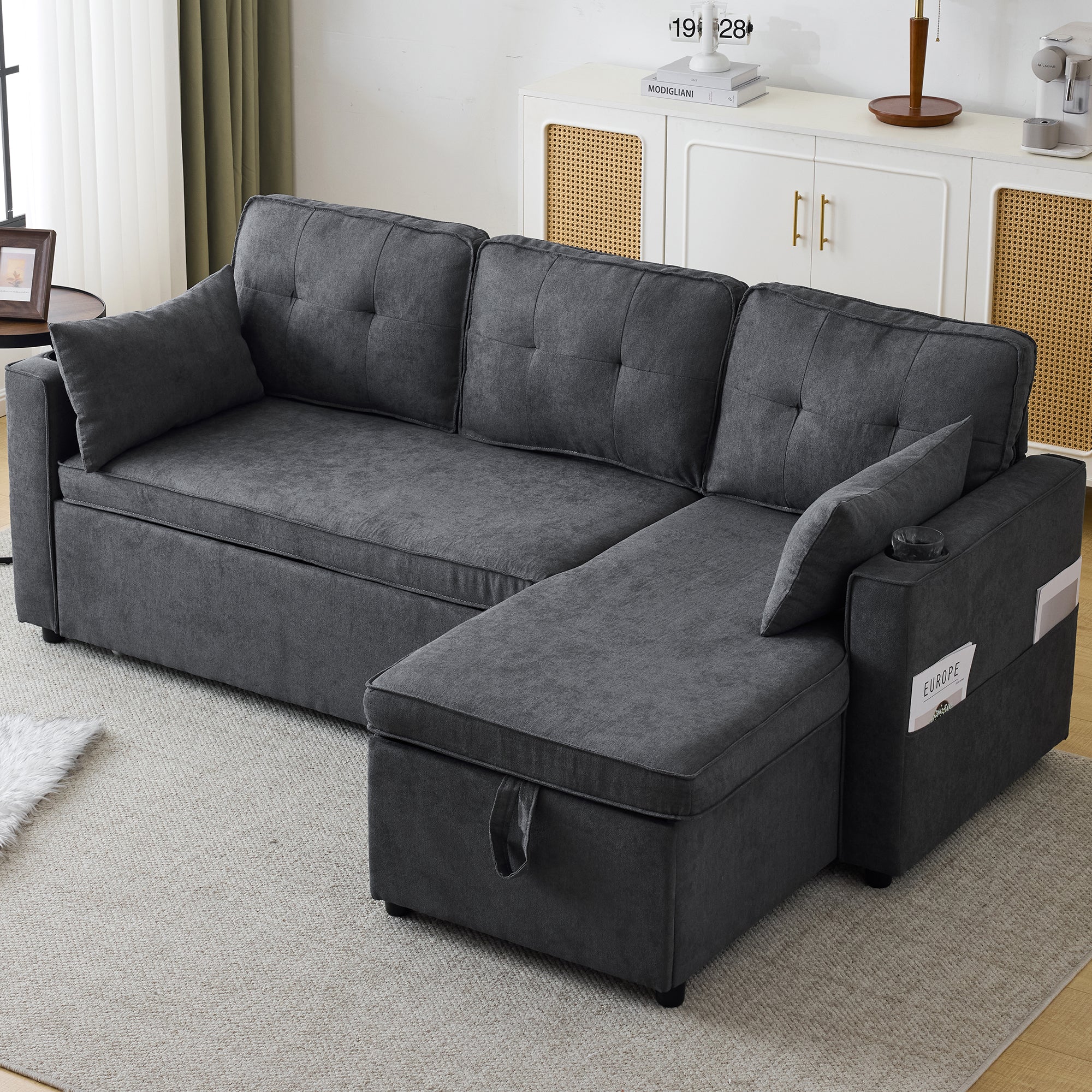 3-in-1 Convertible Sofa Bed with Internal Storage Chaise, L Shaped Sleeper Sofa Couches with Cup Holders, Pillows and Storage Pocket. Pullout Sectional Daybed for Living Room/Bedroom/Office, Grey
