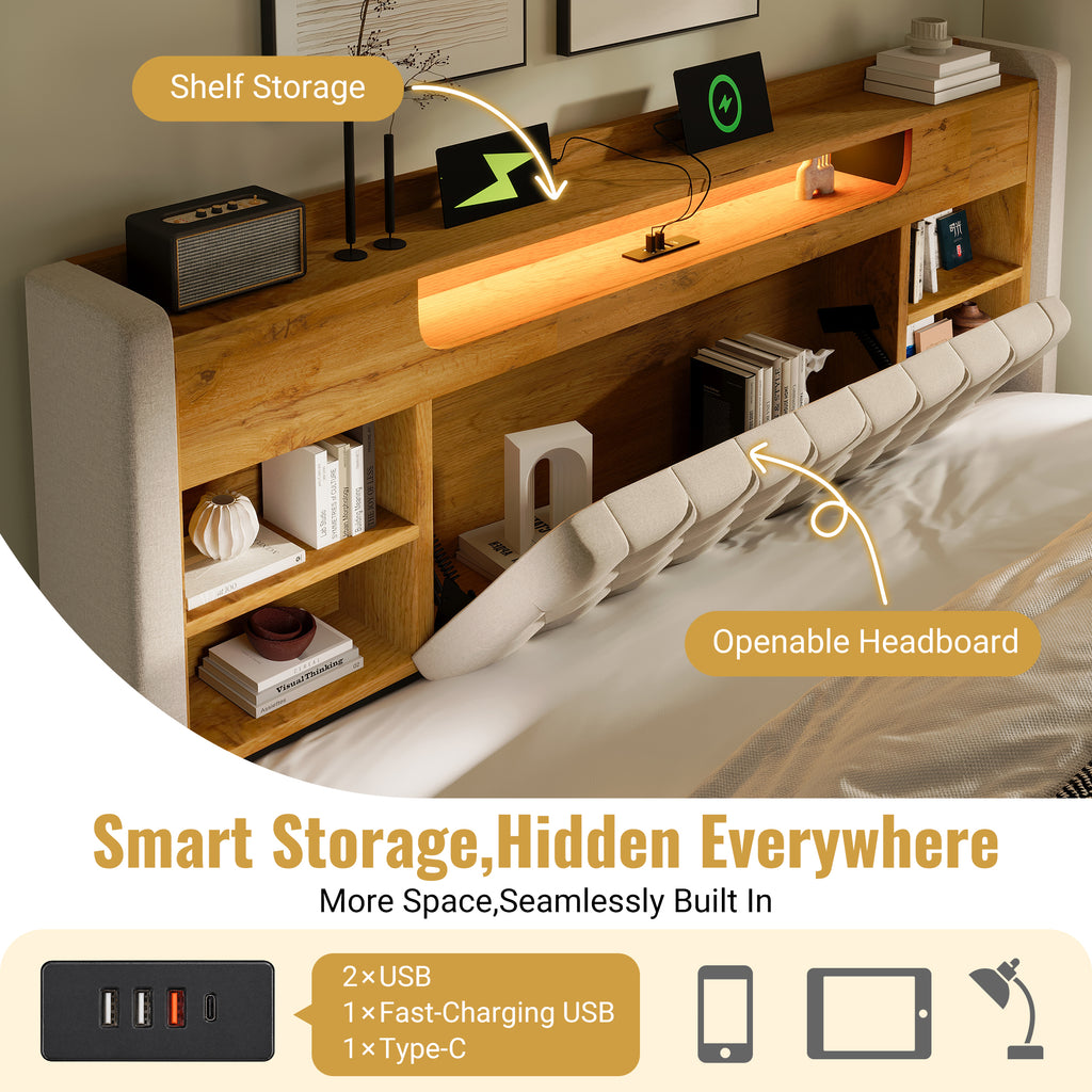6ft Super King Bed with Hydraulic Storage, Upholstered Bed Frame with LED Lighting & Charging Station, Storage Headboard for Cellphones & Tablets, 180 x 200 cm, Linen, Beige (No Mattress)