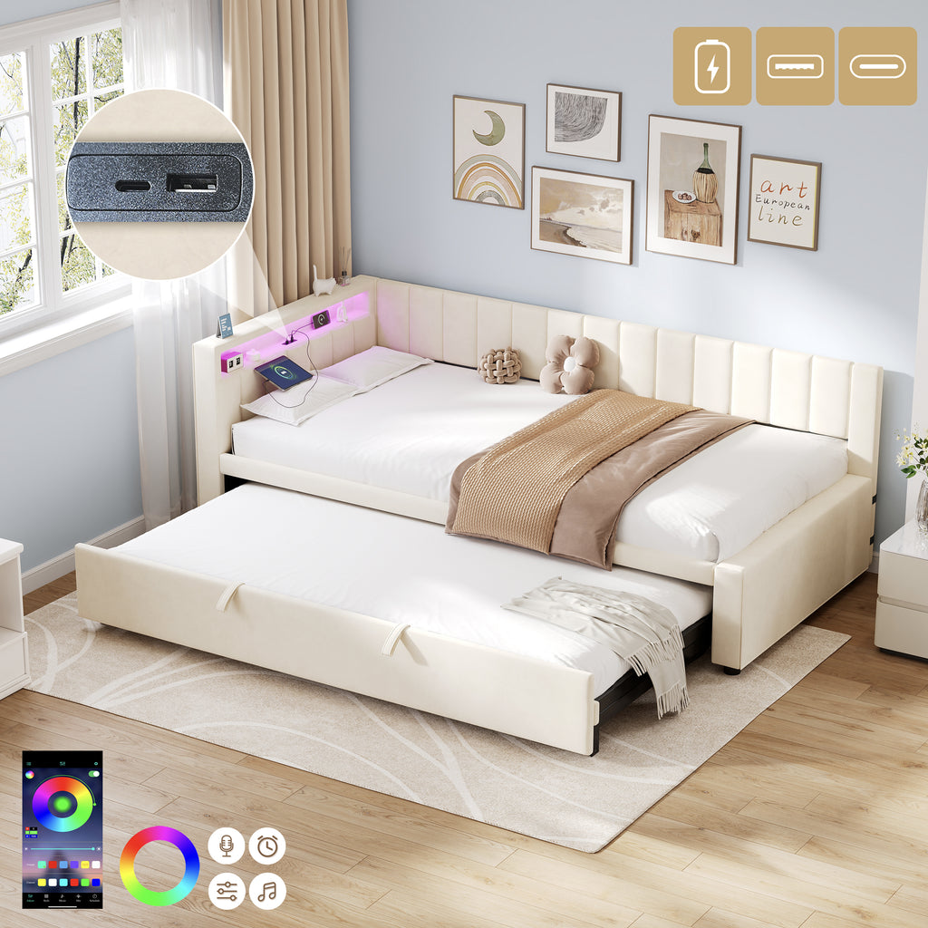 3ft Single Velvet Daybed, Sofa Bed with RGB LED Lights and Charging Station, Upholstered Sofa Bed with Trundle, Pull out Trundle Bed for Living Room, Bedroom or Study, Beige (No Mattress)