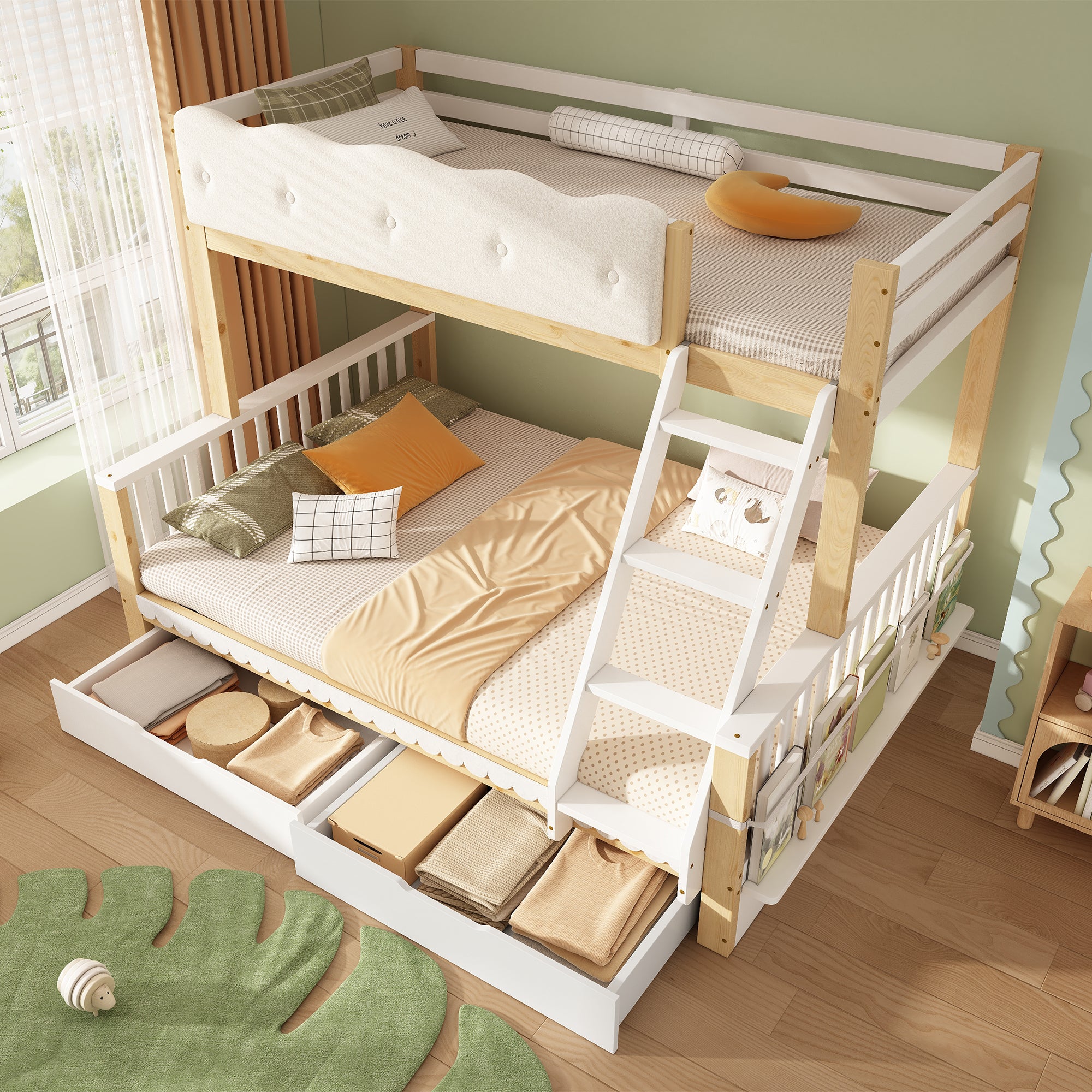 Bunk Beds for Kids, Children's Bunk Bed with Drawers and Side Bookshelf, Double Bunk Bed for Family with Multiple Children, (90+135) x 190 cm, Solid Wood, White & Nature