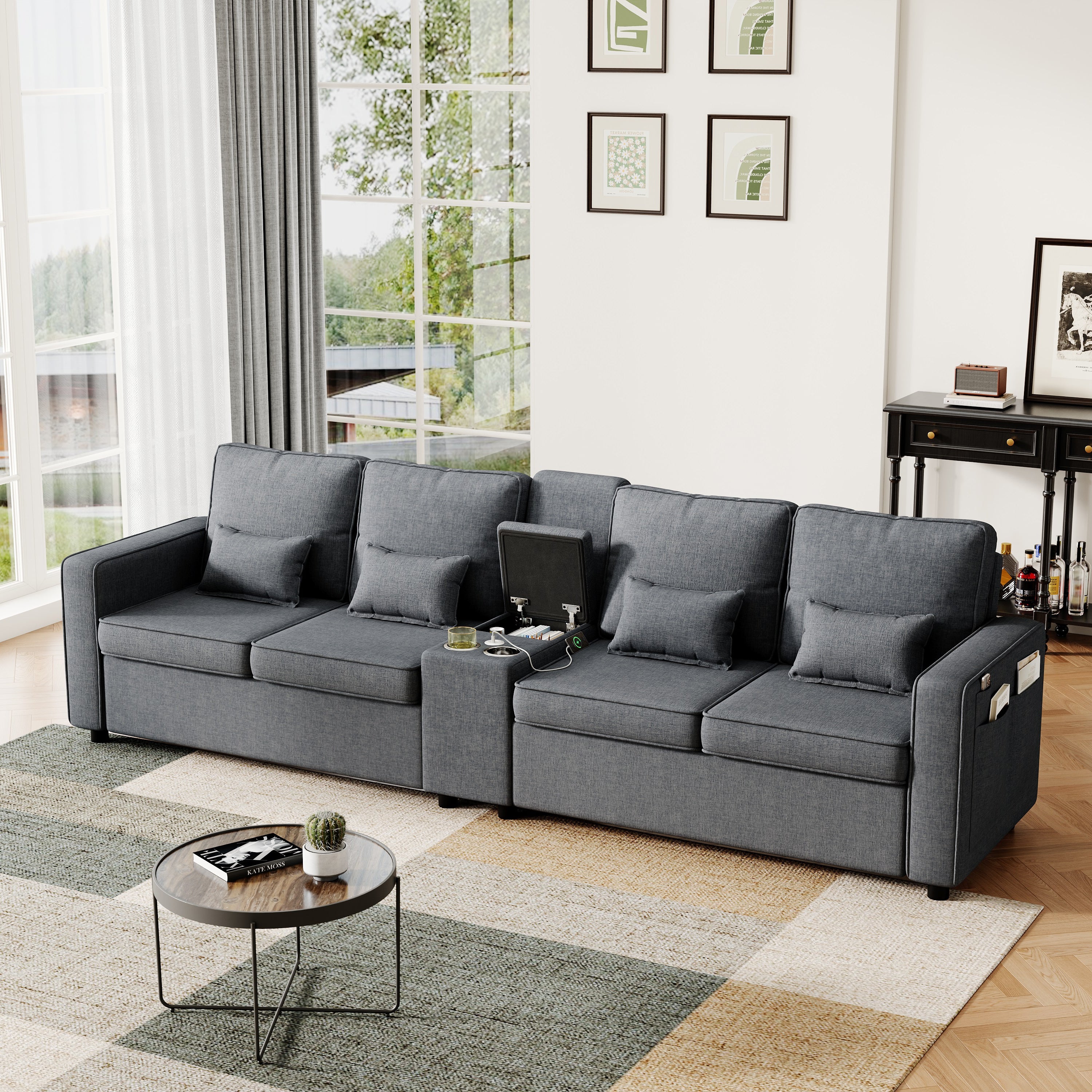 4-Seater Modern Sofa with Storage Console, Minimalist Style Couch with Side Pockets, Cup Holders and Charging Ports (USB & Type-C), for Living Room, Apartment, Office,Grey, Linen Fabric