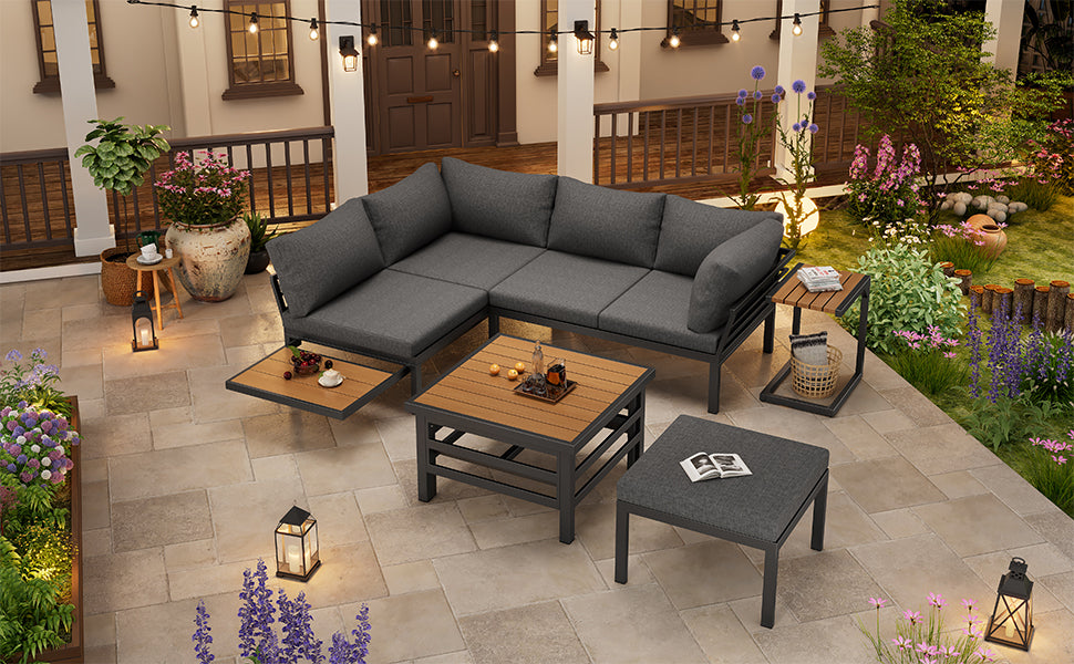 Outdoor Patio Furniture Set (2 Double Sofas + 1 Ottoman), 1 Plastic Lift-Top Coffee Table, Galvanized Iron Frame, with Seat Cushions & Pillows, Includes Small Side Table with Extendable Tabletop