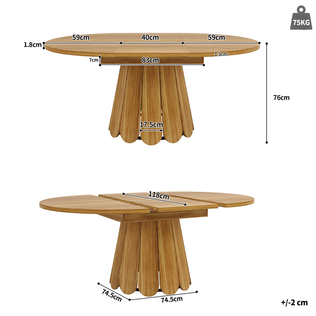 Extendable dining table, dining room table, kitchen table, balcony table, wooden dining table Round dining table, extends to oval, 118–158 cm, seats up to 6 people, wood