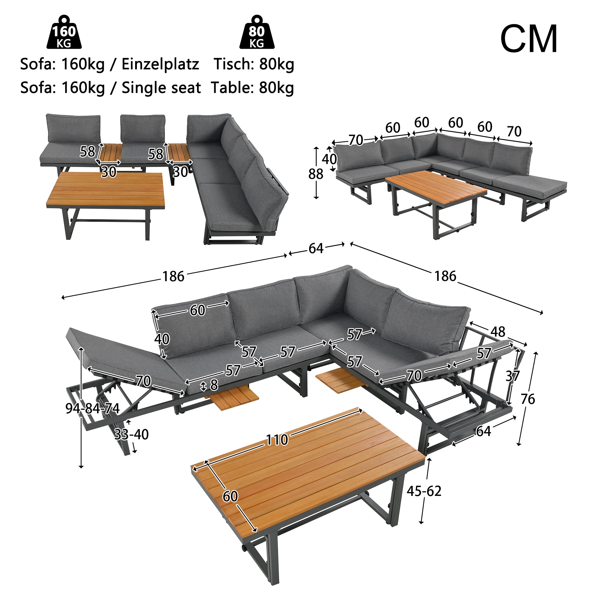 Outdoor Garden Furniture Set With 2 Sofas and Table with Galvanised Iron Frame, Adjustable Backrests, Adjustable Table, Acacia Wood, Including All Seat Cushions and Pillows, Grey