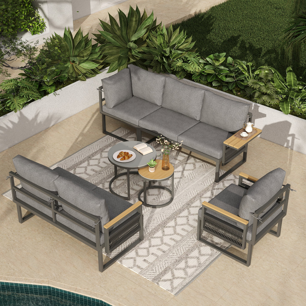 5-6 Seater Garden Furniture Set, Rope Woven Outdoor Corner Sofa with Matching Armchair, 2 Nesting Tempered Glass Coffee Tables and Adjustable Handrail Trays, Patio Lounge Set, Linen, Grey