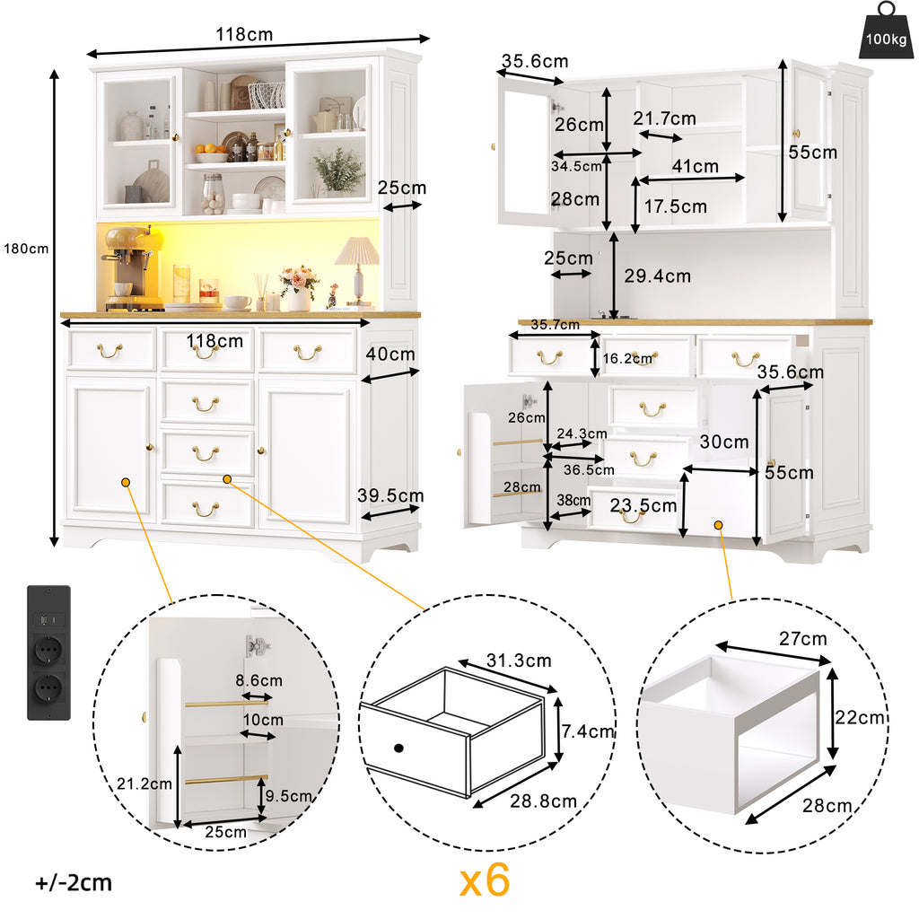 Tall kitchen cabinet with USB ports and sockets, sideboard with LED light strip, kitchen cabinet, storage cabinet with snack shelf doors, sideboard, waste bin can be installed, white