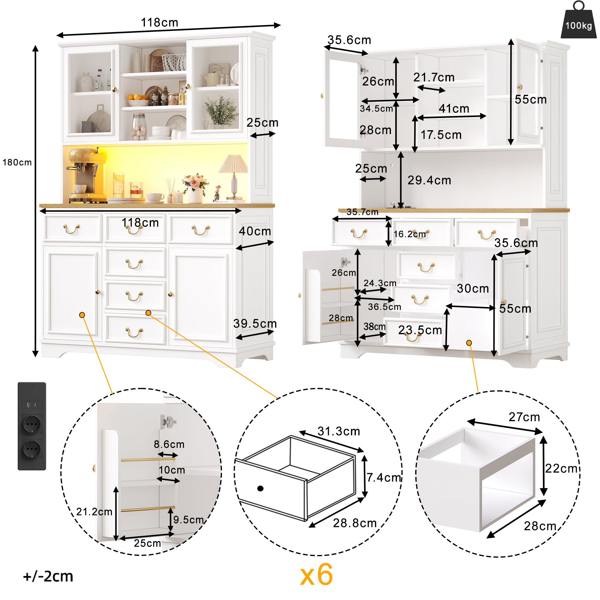 Tall kitchen cabinet with USB ports and sockets, sideboard with LED light strip, kitchen cabinet, storage cabinet with snack shelf doors, sideboard, waste bin can be installed, white
