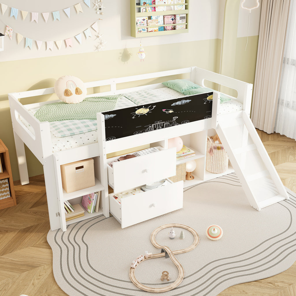 3ft Single Modern Wood Bed with Slide & Blackboard, Wooden Children's Cabin Bed with 2 Drawers & Storage Shelves, Interchangeable Ladder, Space-Saving Loft Bed, White (No Mattress)