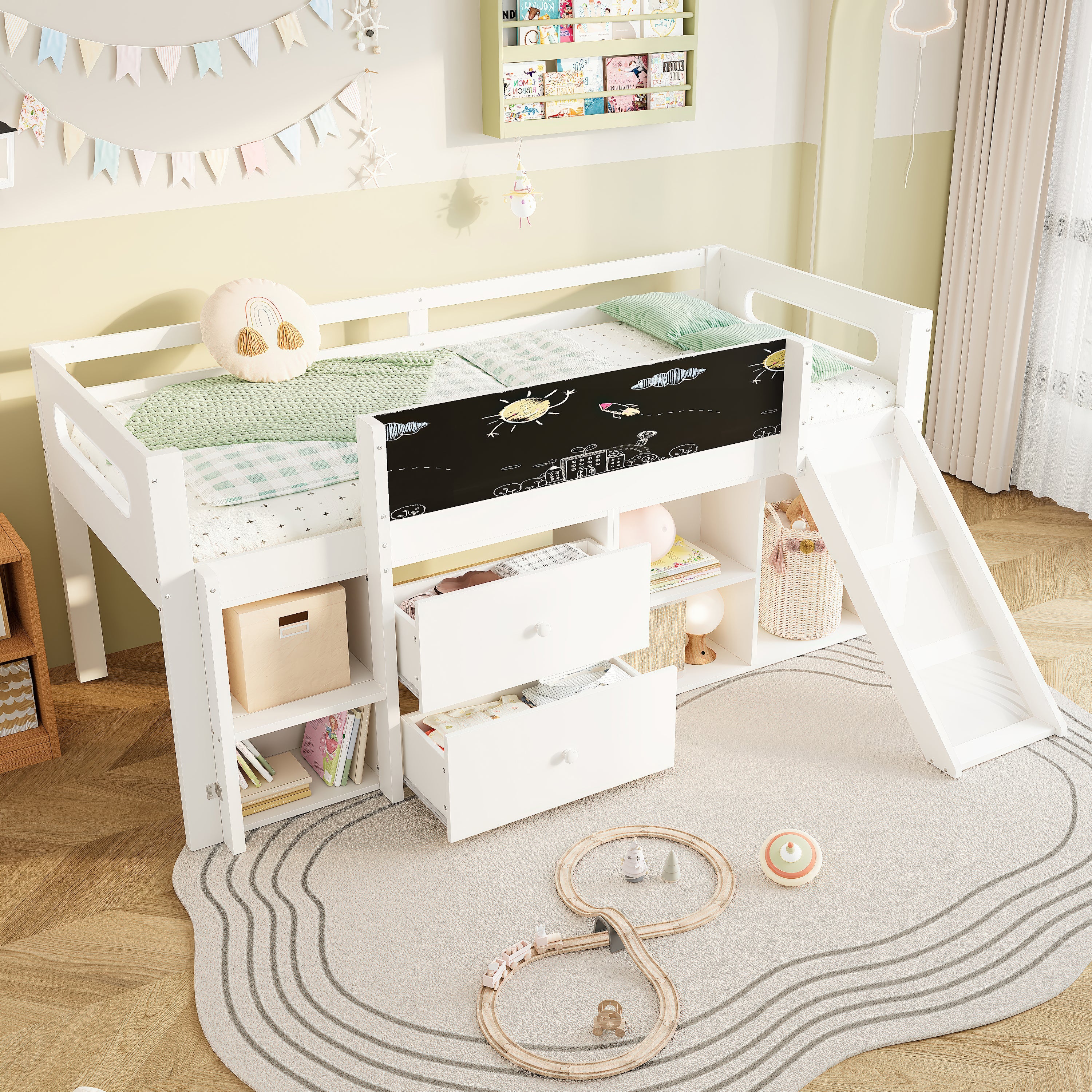 3ft Single Modern Wood Bed with Slide & Blackboard, Wooden Children's Cabin Bed with 2 Drawers & Storage Shelves, Interchangeable Ladder, Space-Saving Loft Bed, White (No Mattress)