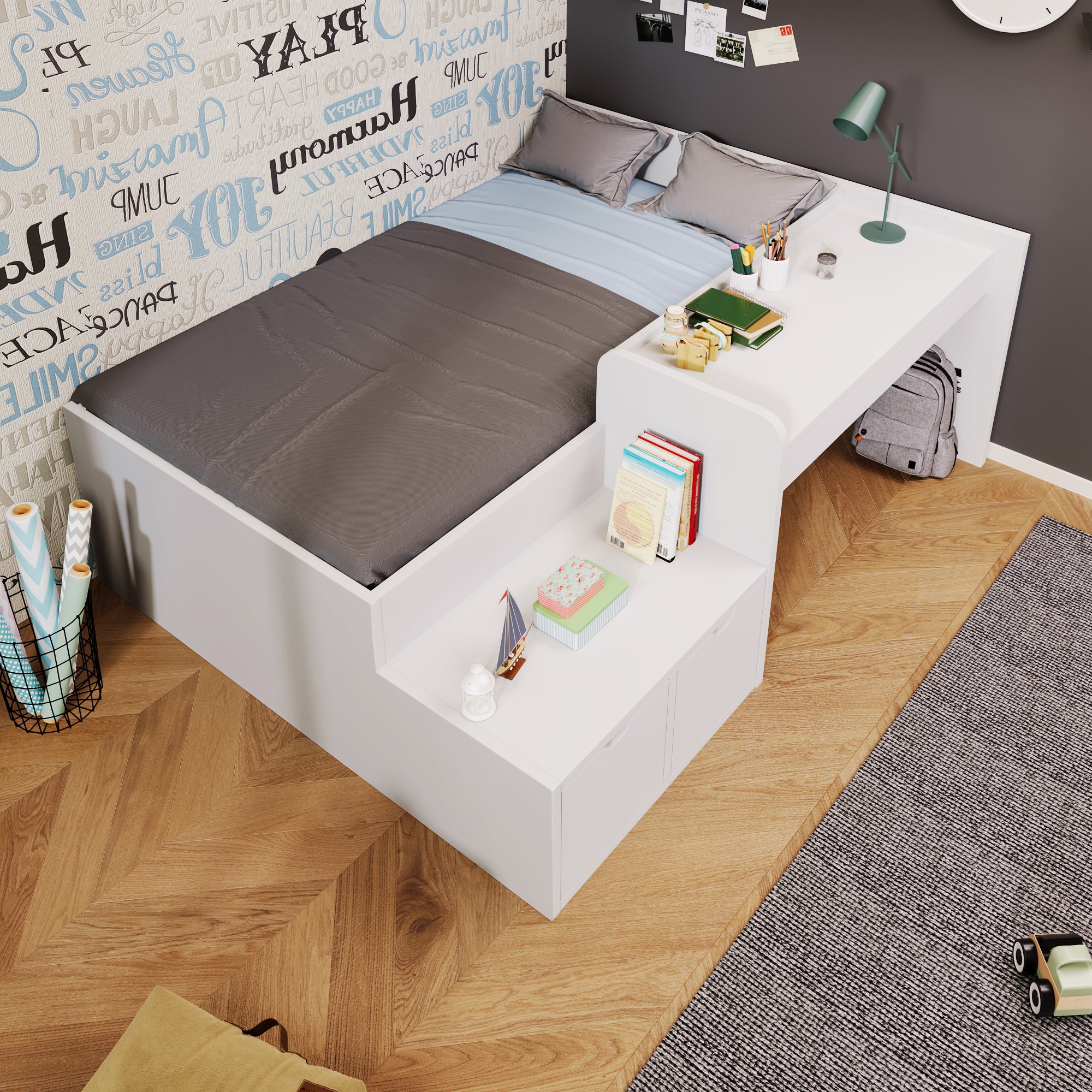 Kids Single Bed with Desk and Drawers, 90 x190 cm, White, 3ft Kids Wooden Bed with Storage, Single Bed with Slatted Frame, Lying Surface for Teenagers & Adults (No Mattress)