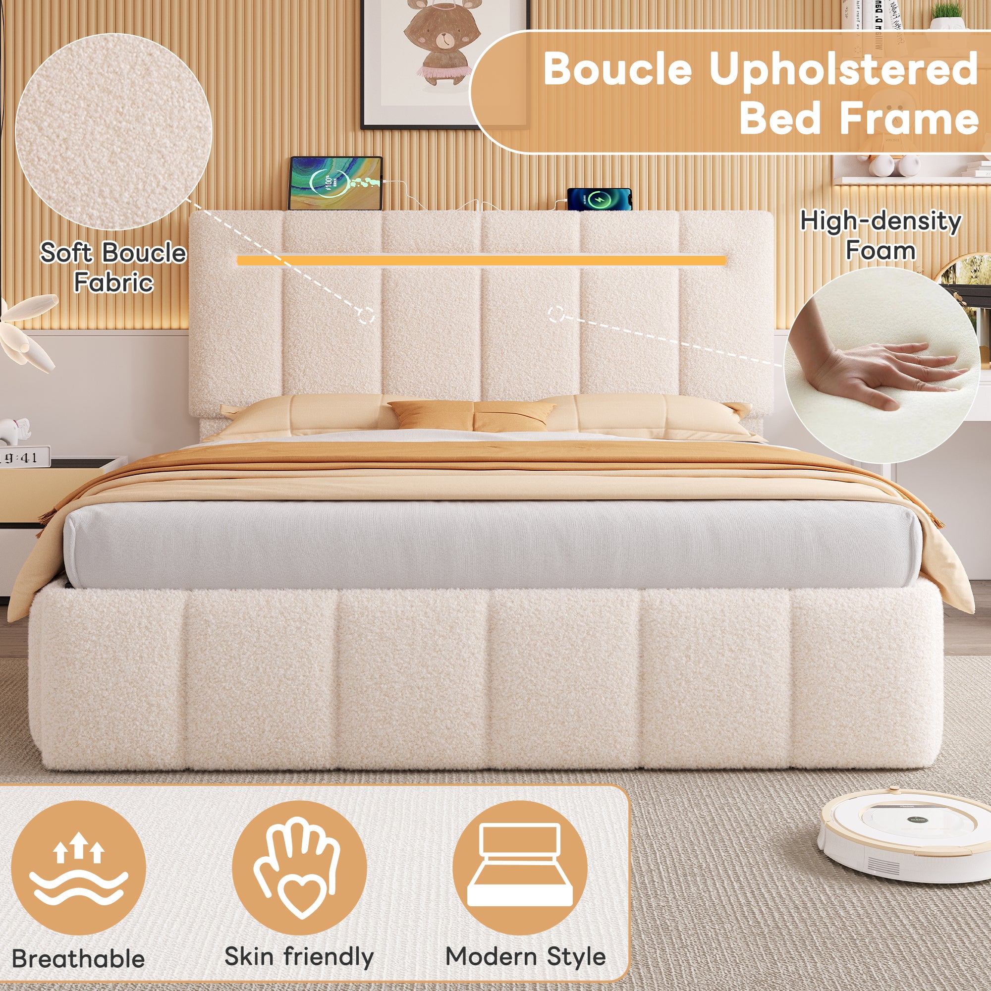 5ft King Upholstered Bed Frame with Hydraulic Storage,  LED Channel Tufted Adjustable Headboard with Charging Station, USB and Type - C Ports, Boucle Fabric, Beige (No Mattress)