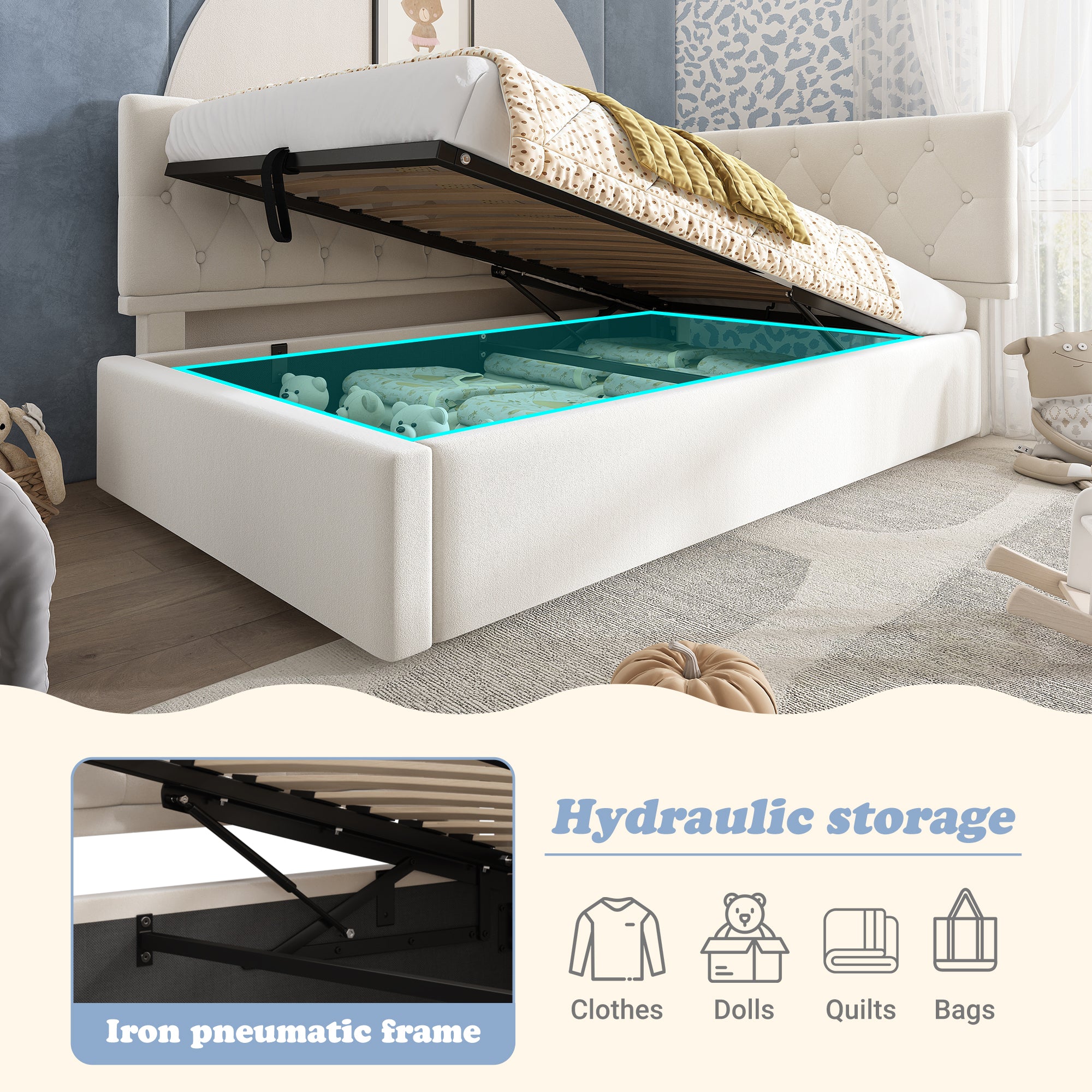 Daybed Upholstered Bed with Storage, 3FT Single Sofa Bed 90 x 190 cm, Ottoman Bed with Hydraulic Storage, Metal Slatted Bed Frame, Velvet, Beige (No Mattress)