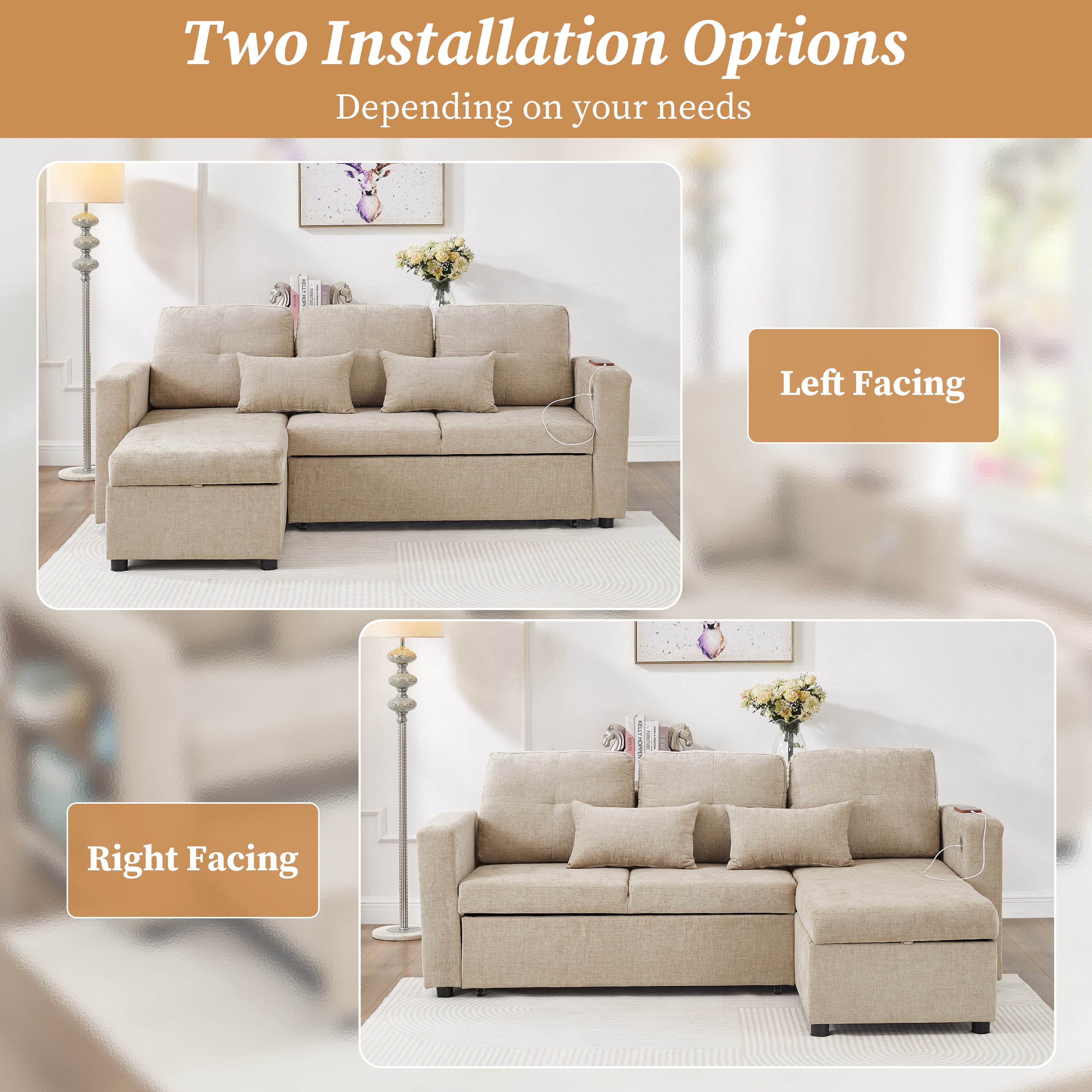 3-in-1 Convertible Chenille Sectional Sofa Bed with Reversible Storage Chaise, L-Shaped Sleeper Sofa with Integrated Charging Station and Adjustable Armrest Side Storage, USB & Type-C Ports, Beige