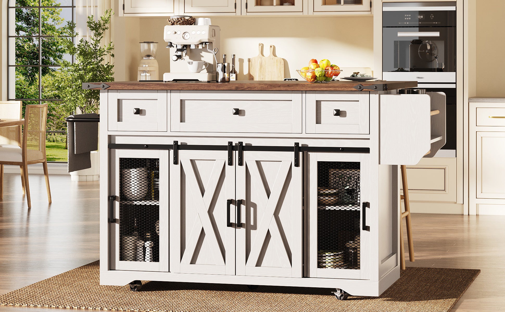 Kitchen island trolley with extendable worktop and power connection, 91cm working height, white/black, load capacity up to 75kg