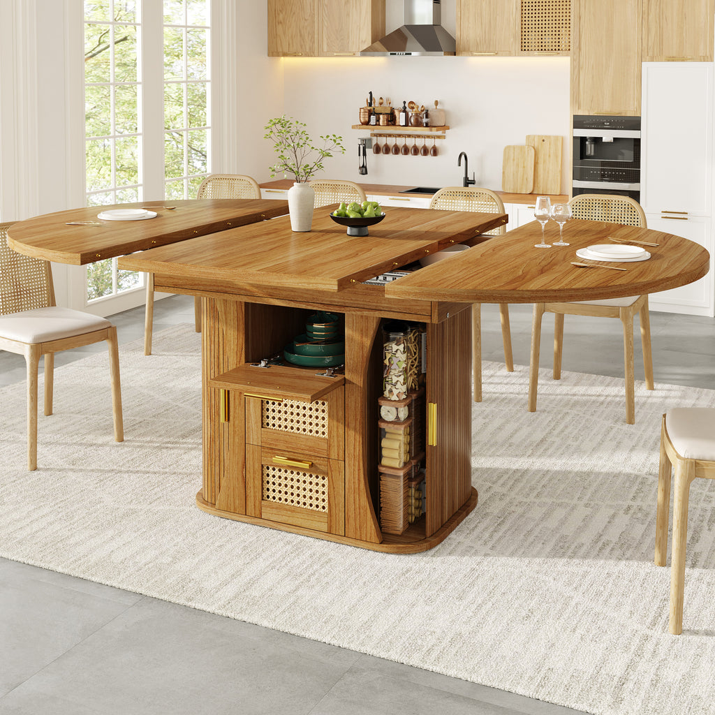 Extendable dining table with storage, 118–158cm table with rattan drawers, MDF wood look, black / natural wood / brown