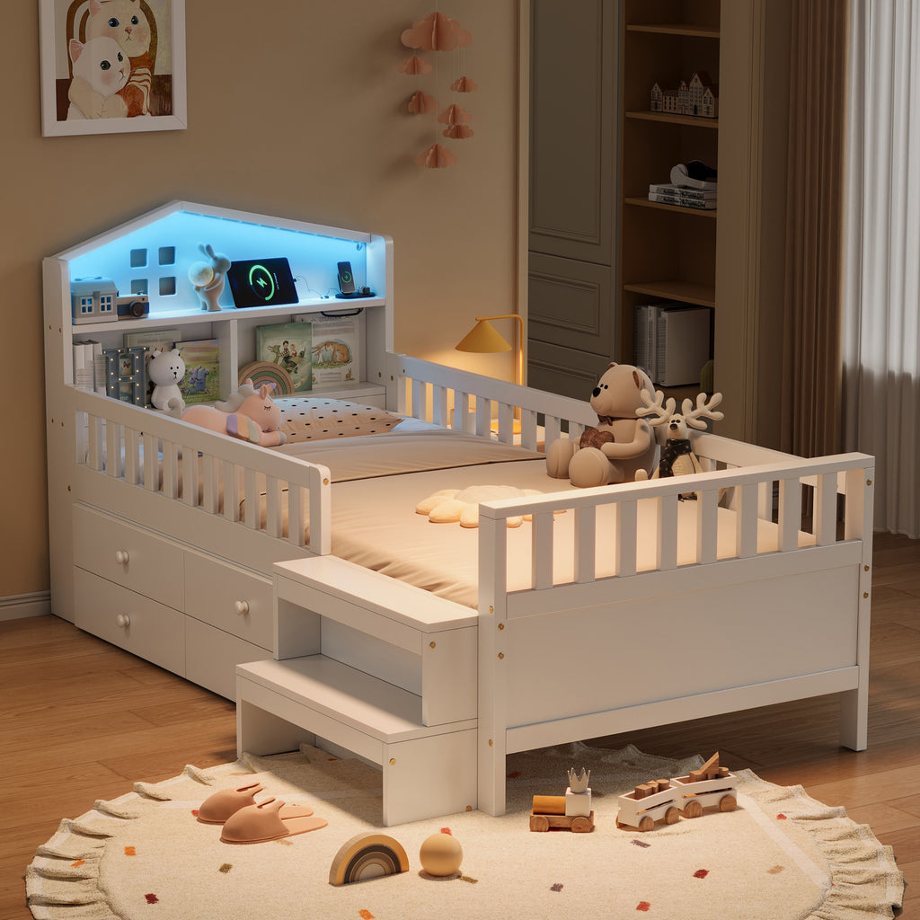 3ft Single Wooden Bed Frame with Step Stool, LED House-shaped Storage Headboard with Drawer Storage, USB and Type - C Ports, No Box Spring Needed, White (No Mattress)