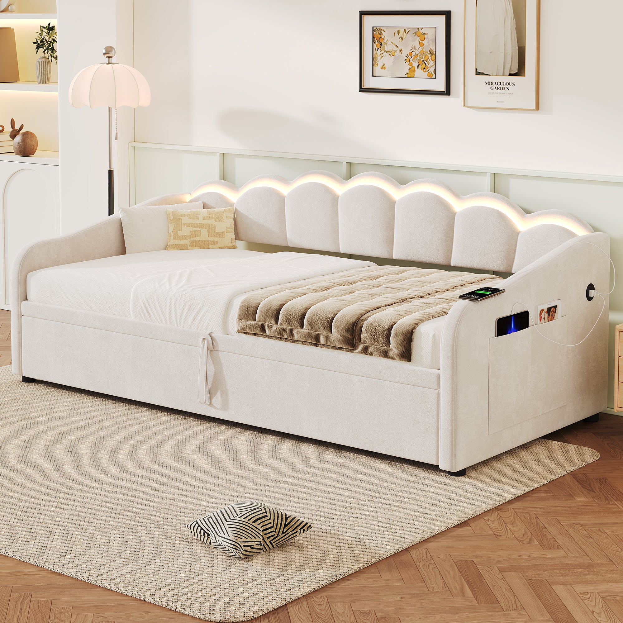 Upholstered Bed 90x190cm, Daybed, RGB LED Sofa Bed with Charging Station, 3ft Petal Shape Single Bed with Hydraulic Storage for Living Room/ Bedroom/ Study Room, Velvet, Beige (No Mattress)