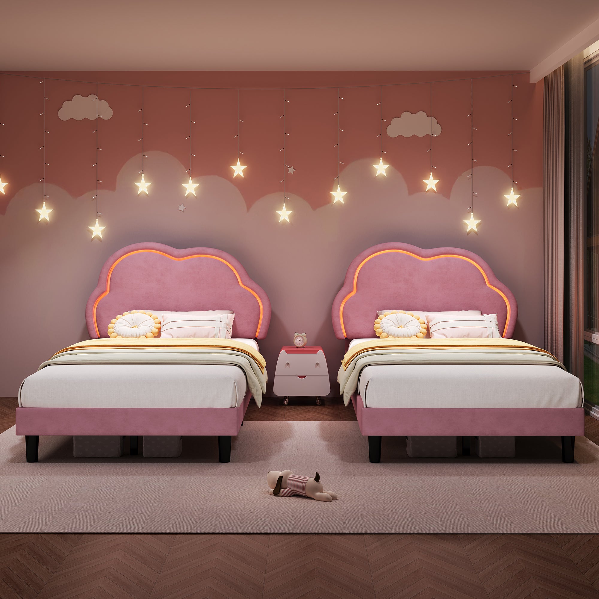 3ft Single Upholstered Bed with LED Adjustable Cute Cloud Headboard, Soft Velvet Bed Frame with Solid Wood Slat, No Box Spring Needed, Easy Assembly, Pink (No Mattress)
