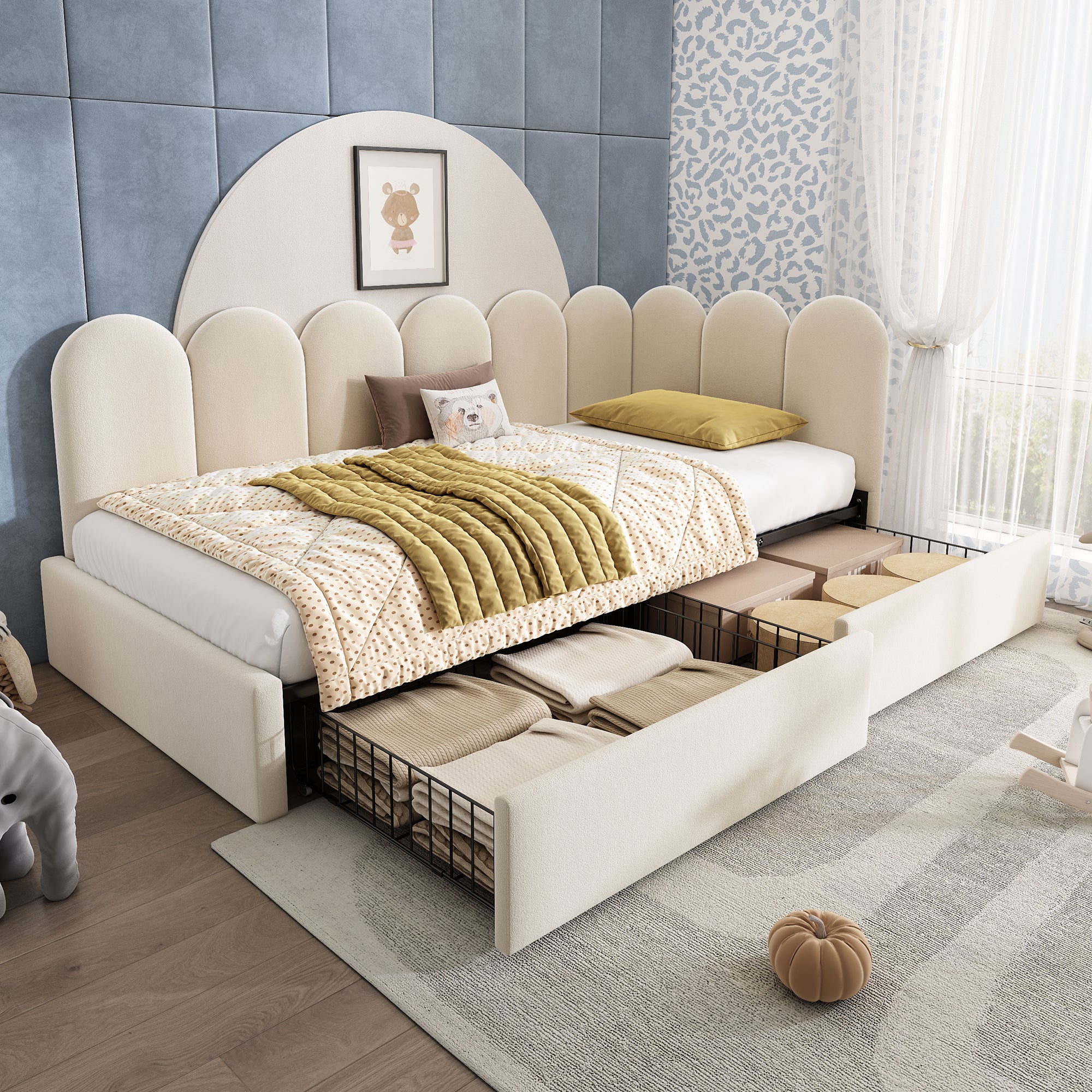 Upholstered Bed for Kids Daybed with Drawer Storage, 3FT Single Sofa Bed 90 x 190 cm, Sofa Bed for Adults and Children, Bed Frame with Slatted Frame, Velvet, Beige (No Mattress)
