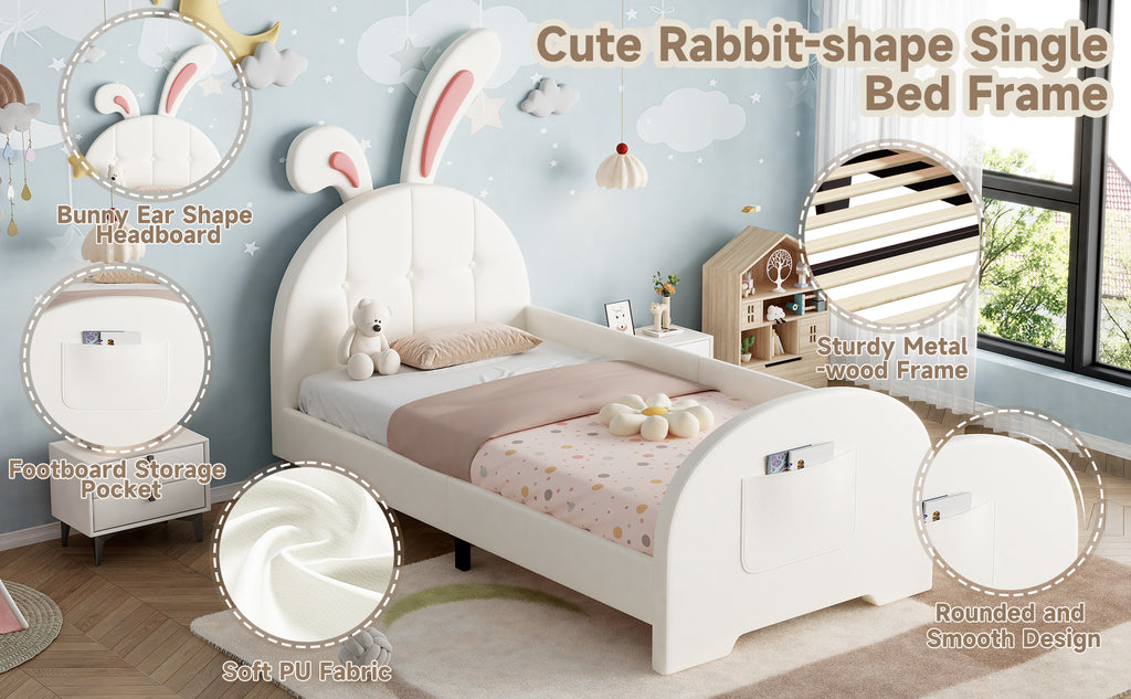 3ft Single Rabbit-Shaped Upholstered Bed Frame, Bunny Ear Headboard & Footboard Storage Pocket, Soft PU Leather Single Bed with Sturdy Metal-Wood Frame, Cream White (No Mattress)
