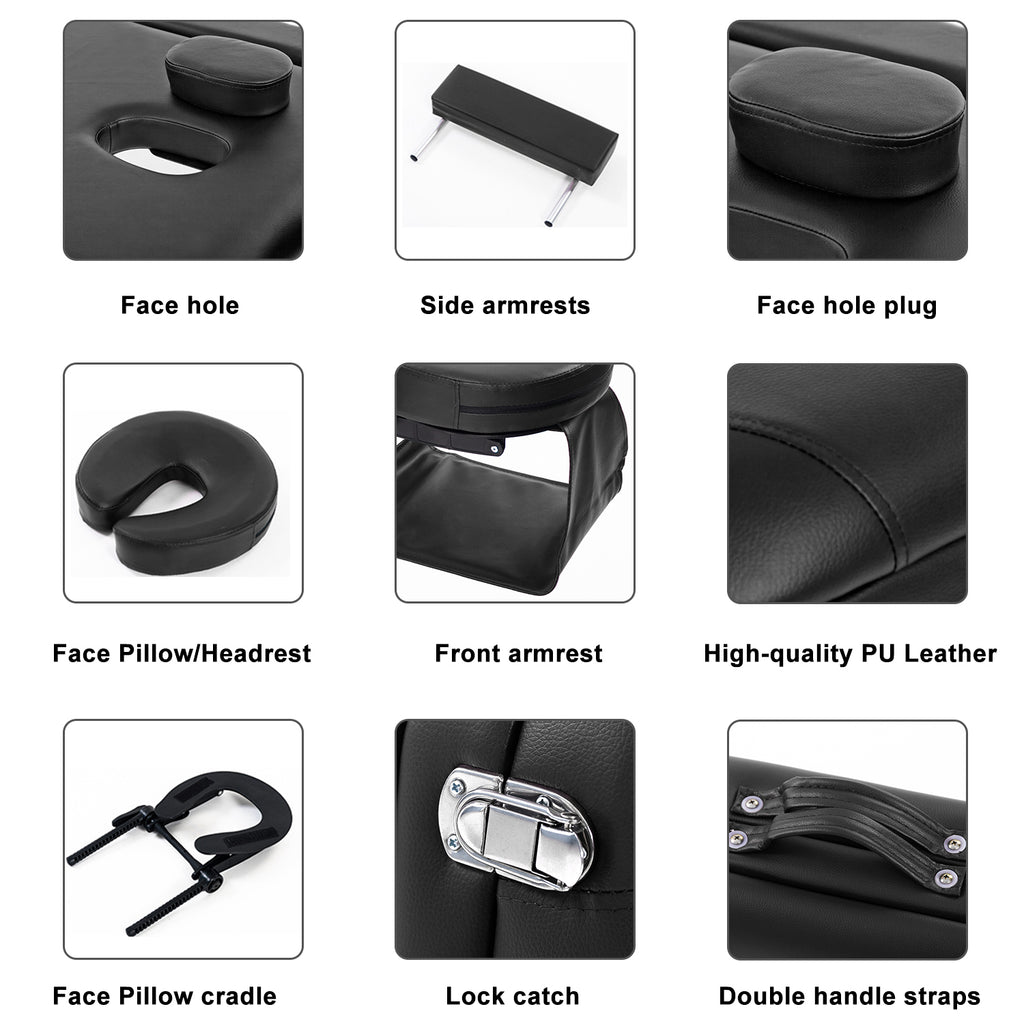 Massage Table Couch Bed Aluminium Tattoo Spa Reiki Portable Folded 3 Section with Premium PU Leather and 5 cm High Density Multi-Layer Foam Headrest Arm support and Carrying Bag Black