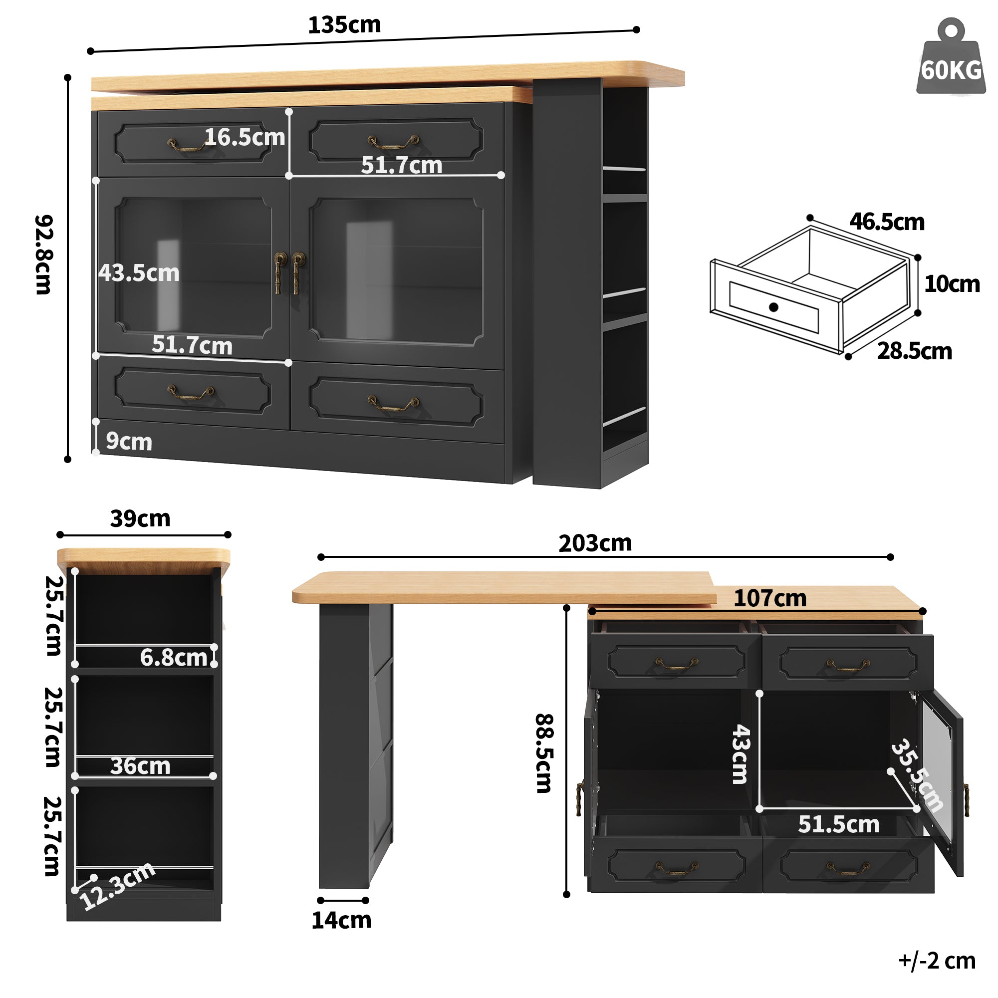 360° rotation, bar table (main body 135-203 x 39 x 92.8 cm), coffee bar furniture, rotatable dining bar with storage, kitchen island, double doors with four drawers, 3-tier open storage space, black