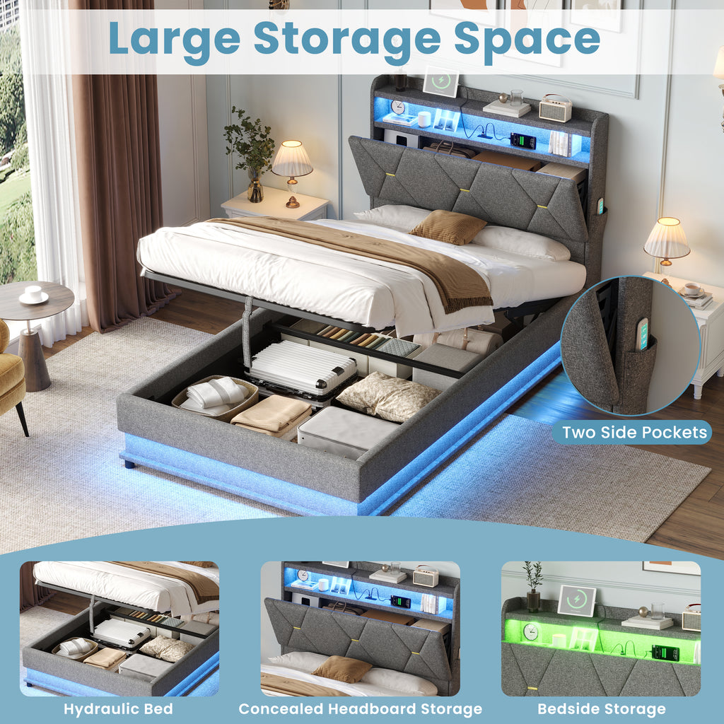 3ft Single Upholstered Bed Frame with Hydraulic Storage,  LED Headboard with Charging Station and Concealed Headboard Storage, USB and Type - C Ports, Linen, No Box Spring Needed, Grey (No Mattress)