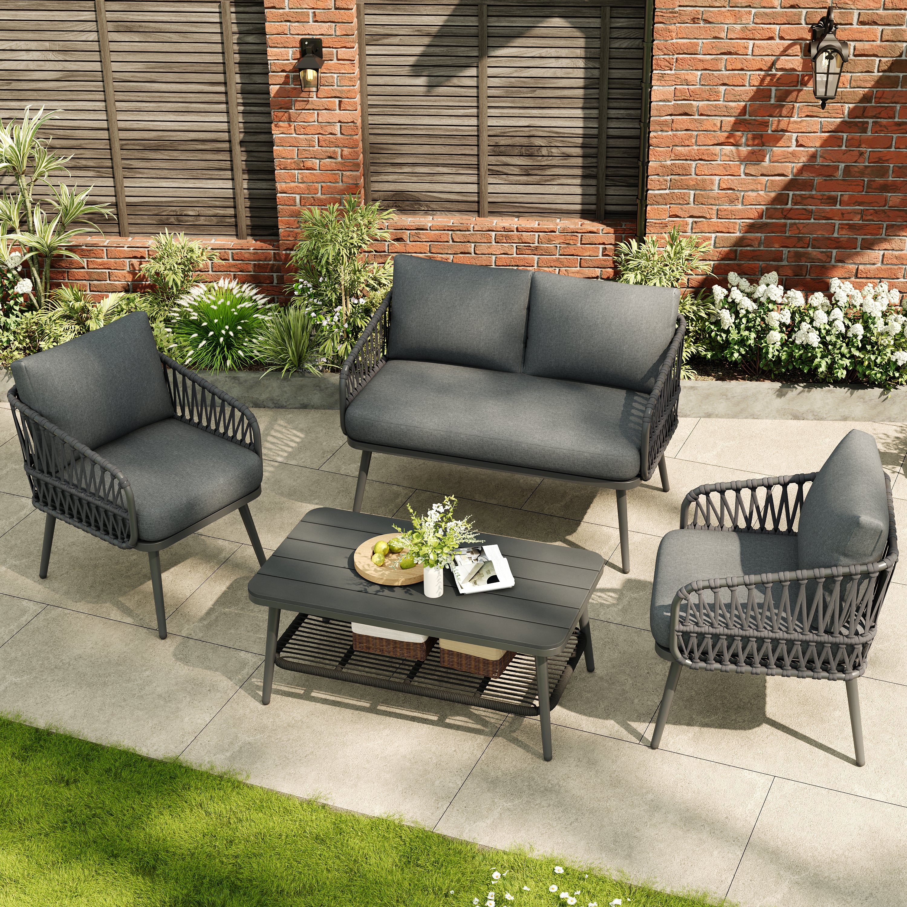 4 Seater Garden Set with Plastic Wood Storage Coffee Table, Polyester Rope Outdoor Set with Sofa and Armchairs, Weatherproof Outdoor Patio Sofa for Balcony and Terrace, Linen, Grey
