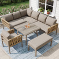Garden furniture set, rope-weave outdoor sofa set with galvanized steel frame, adjustable legs, L-shaped sofa, tempered glass table top, includes all seat and back cushions, beige