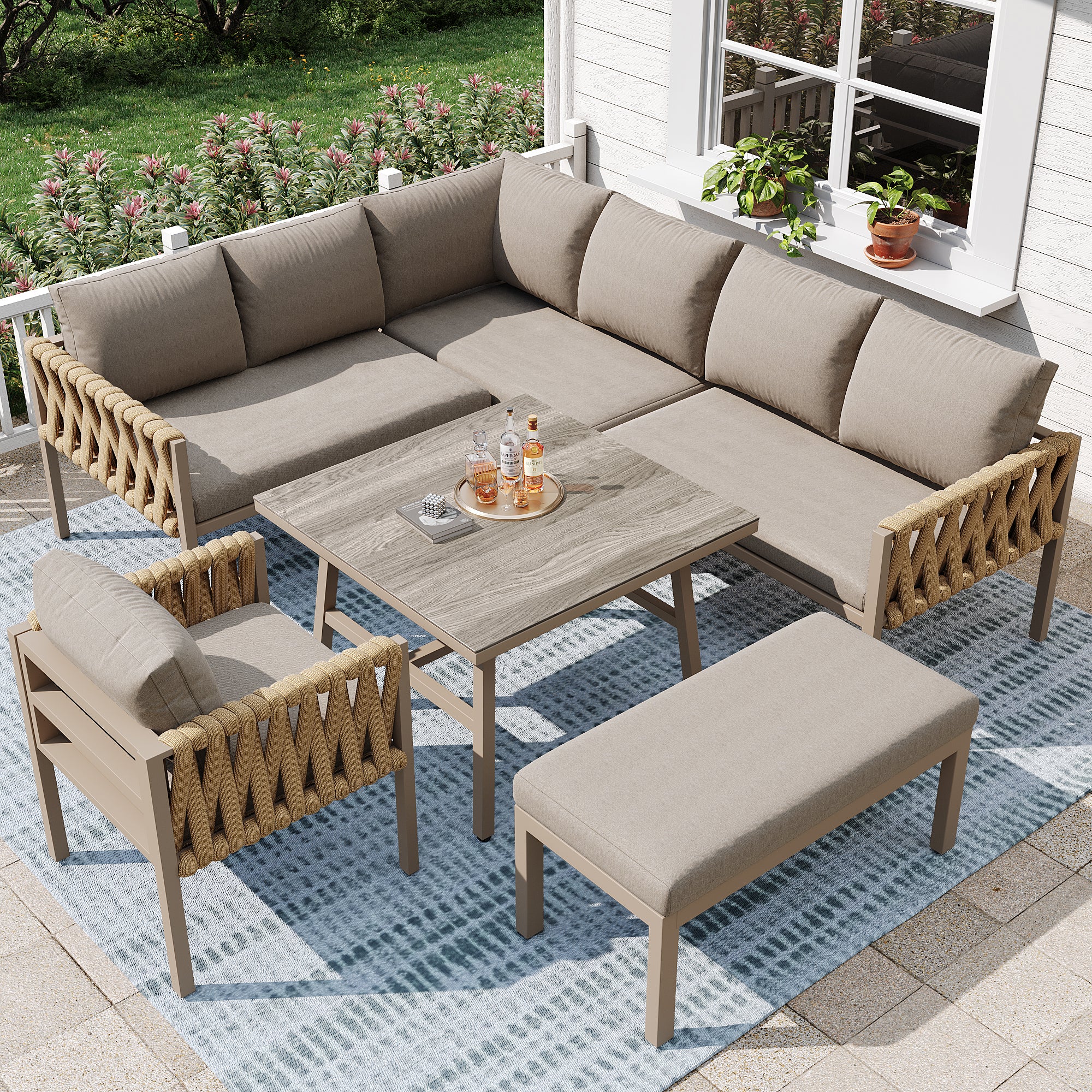 Garden furniture set, rope-weave outdoor sofa set with galvanized steel frame, adjustable legs, L-shaped sofa, tempered glass table top, includes all seat and back cushions, beige