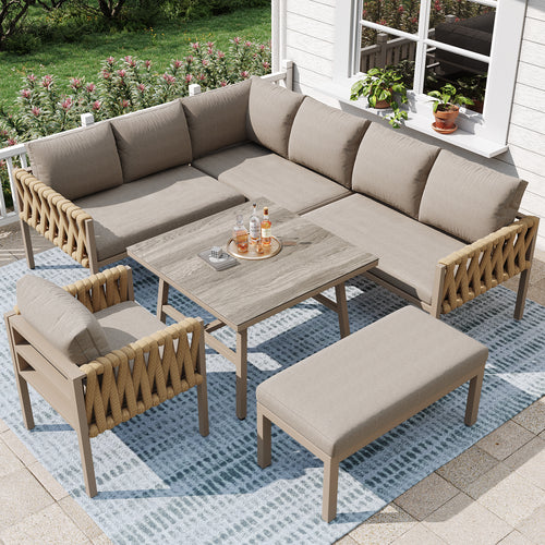 Garden furniture set, rope-weave outdoor sofa set with galvanized steel frame, adjustable legs, L-shaped sofa, tempered glass table top, includes all seat and back cushions, beige