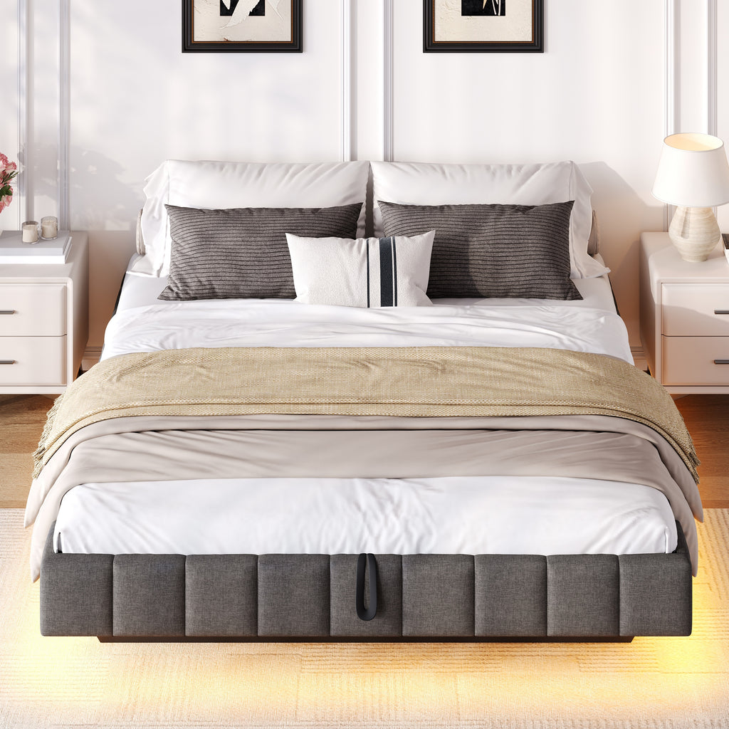 4ft6 Double Floating Bed Frame with Hydraulic Under-bed Storage & Smart RGB LED Lights, No Headboard Upholstered Bed with Concealed Anti-Collision Leg, Linen Fabric, Grey (No Mattress)