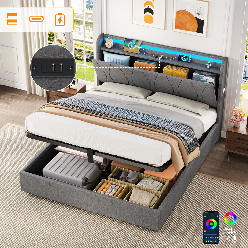 4ft6 Double Upholstered Bed Frame with Hydraulic Storage, LED Headboard with Charging Station and Concealed Headboard Storage, USB and Type - C Ports, Linen, No Box Spring Needed, Grey (No Mattress)