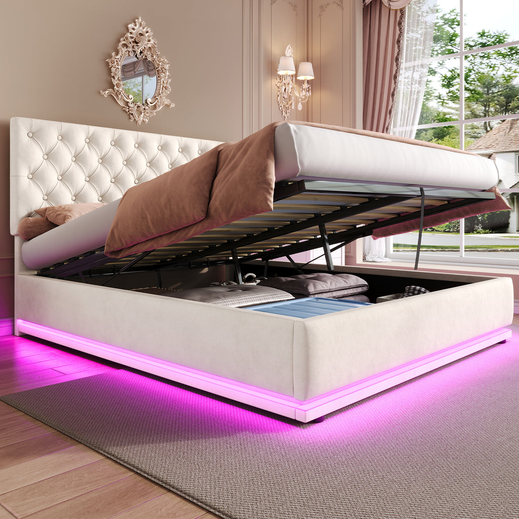 Double Ottoman Bed with LED Lighting, Velvet Upholstered Bed with Hydraulic Storage, 4ft6 Double Bed Frame with Handmade Button Tufted Adjustable Headboard, No Box Spring Needed, Beige (No Mattress)
